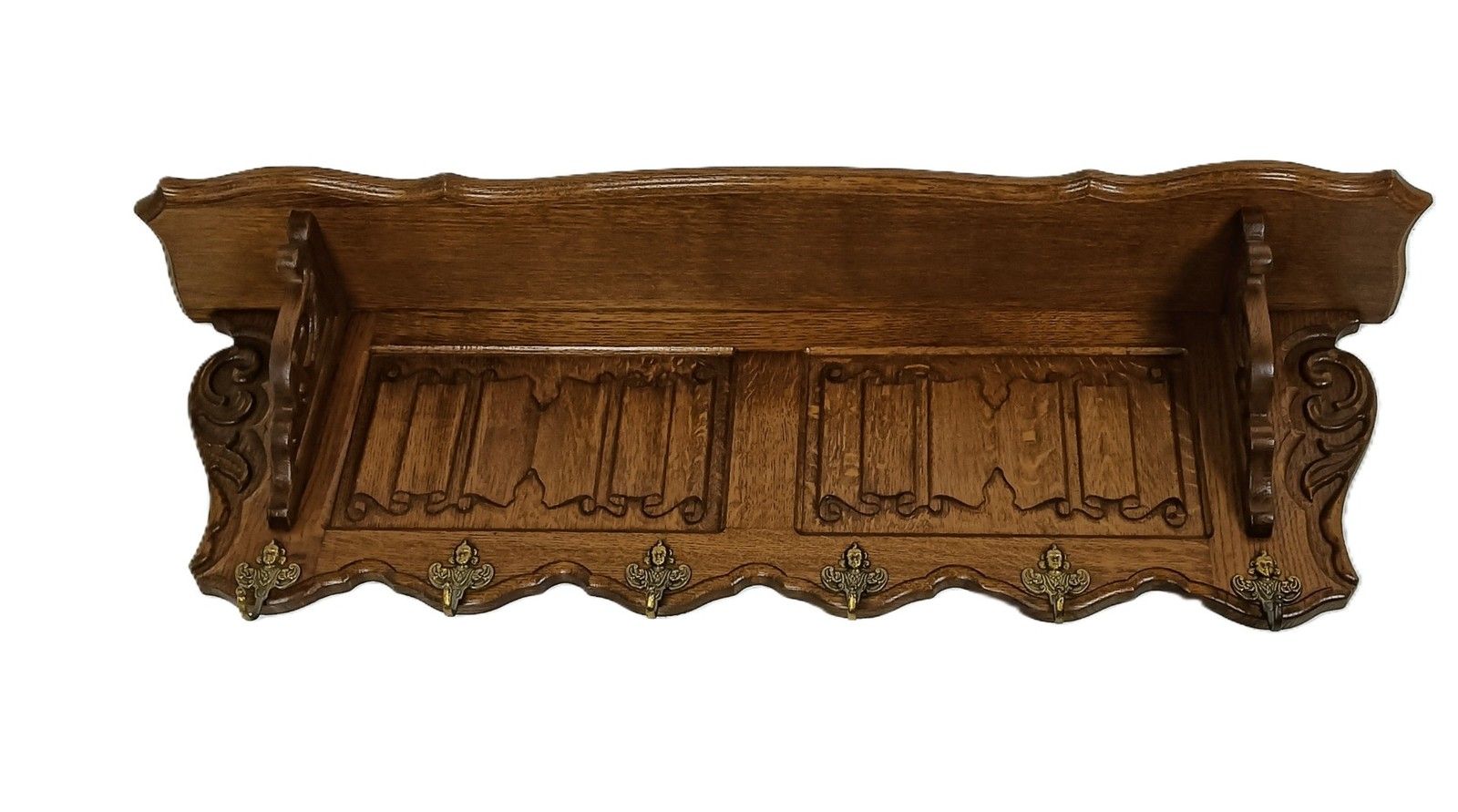 Large Antique Carved Wood Ornate Coat Hat Rack Hallway Furniture French Oak photo for sale