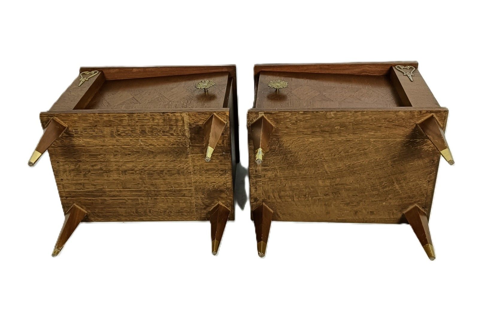 Furniture Couple Of Antique Wooden Nightstands End Tables Bedroom Cabinets Brass Trims photo