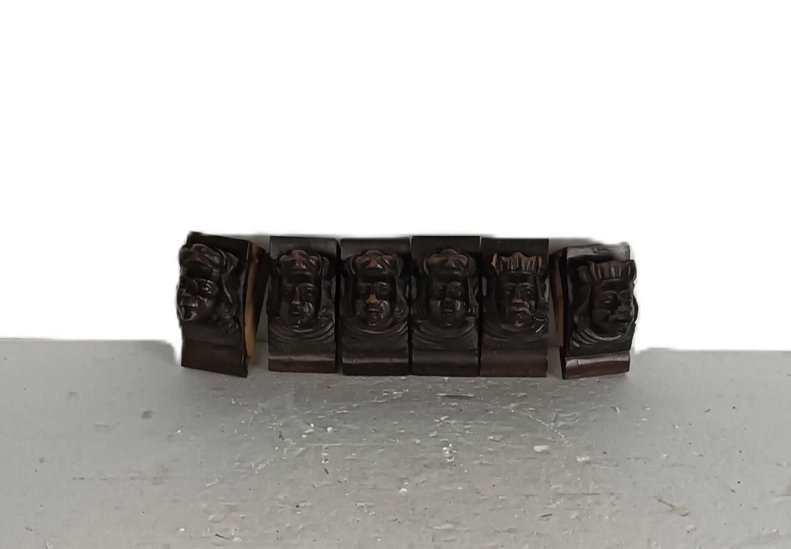 Antique Set Of 6  Corbels Hand Carved Wood Architectural Reclaimed Figurine Head photo for sale