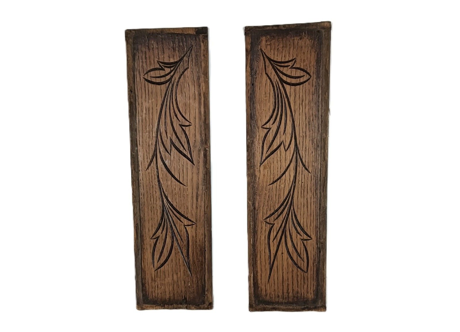 Two Small Trims Boards Pediments Slats Carved Wood Ornate Etched Leafs Reclaimed