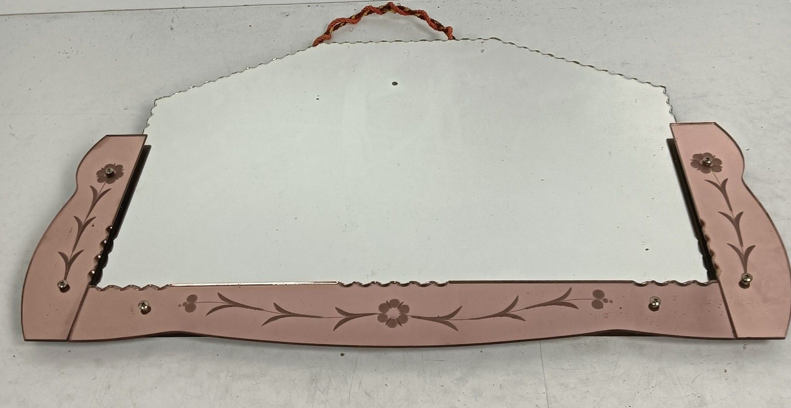 Art Nouveau Mirror Pink Edges Venetian  Cut To Clear Glass Art Deco Flower Decor photo 248.0