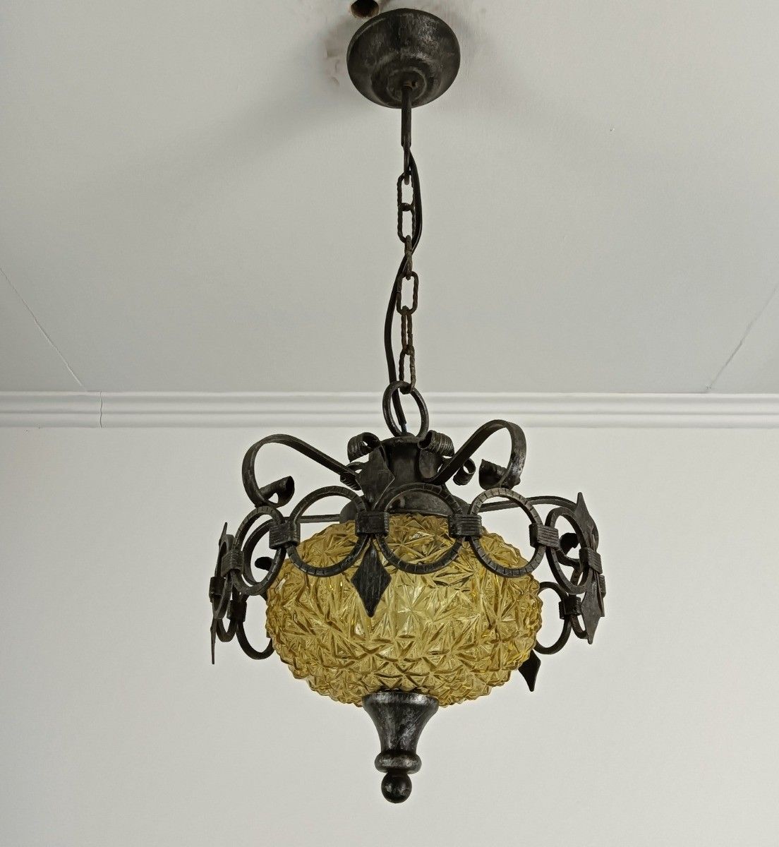 Amber Glass Light Bubbled Glass Pendant Shade Wrought Iron Vintage photo 269.0