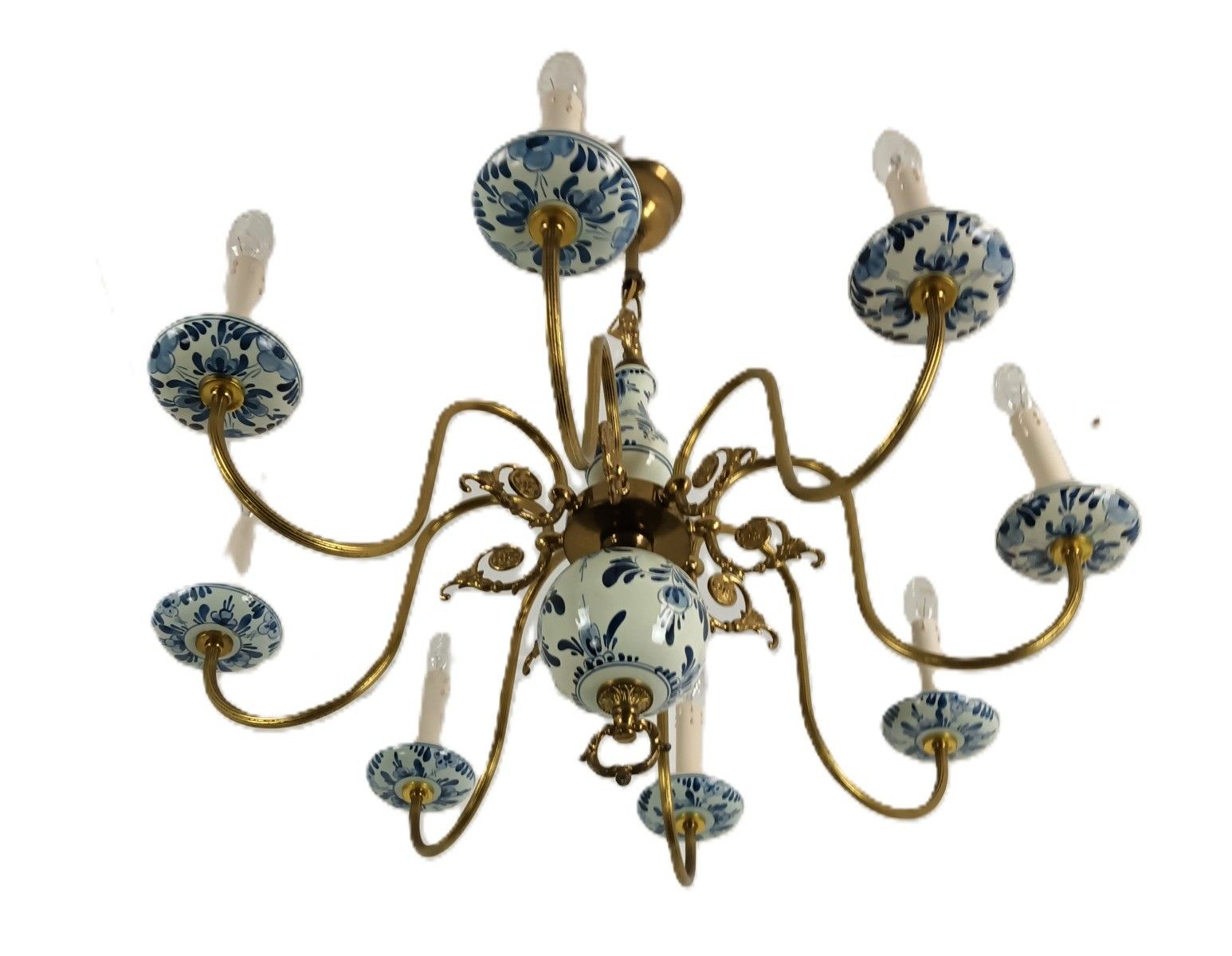 Dutch Delft Blue White Chandelier Porcelain Vintage Ornate Brass 8 Lights Arms photo Lighting