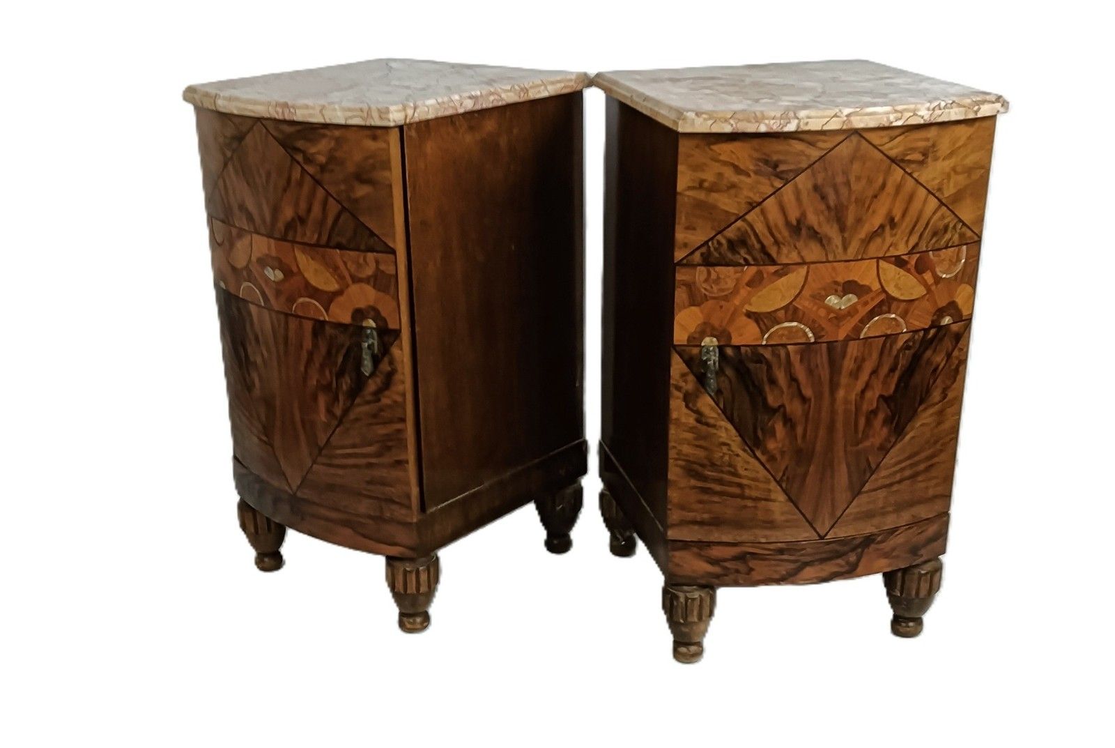 Antique Art Deco Couple Nightstands End Tables Wood Marble Inlay Mother Of Pearl photo furniture