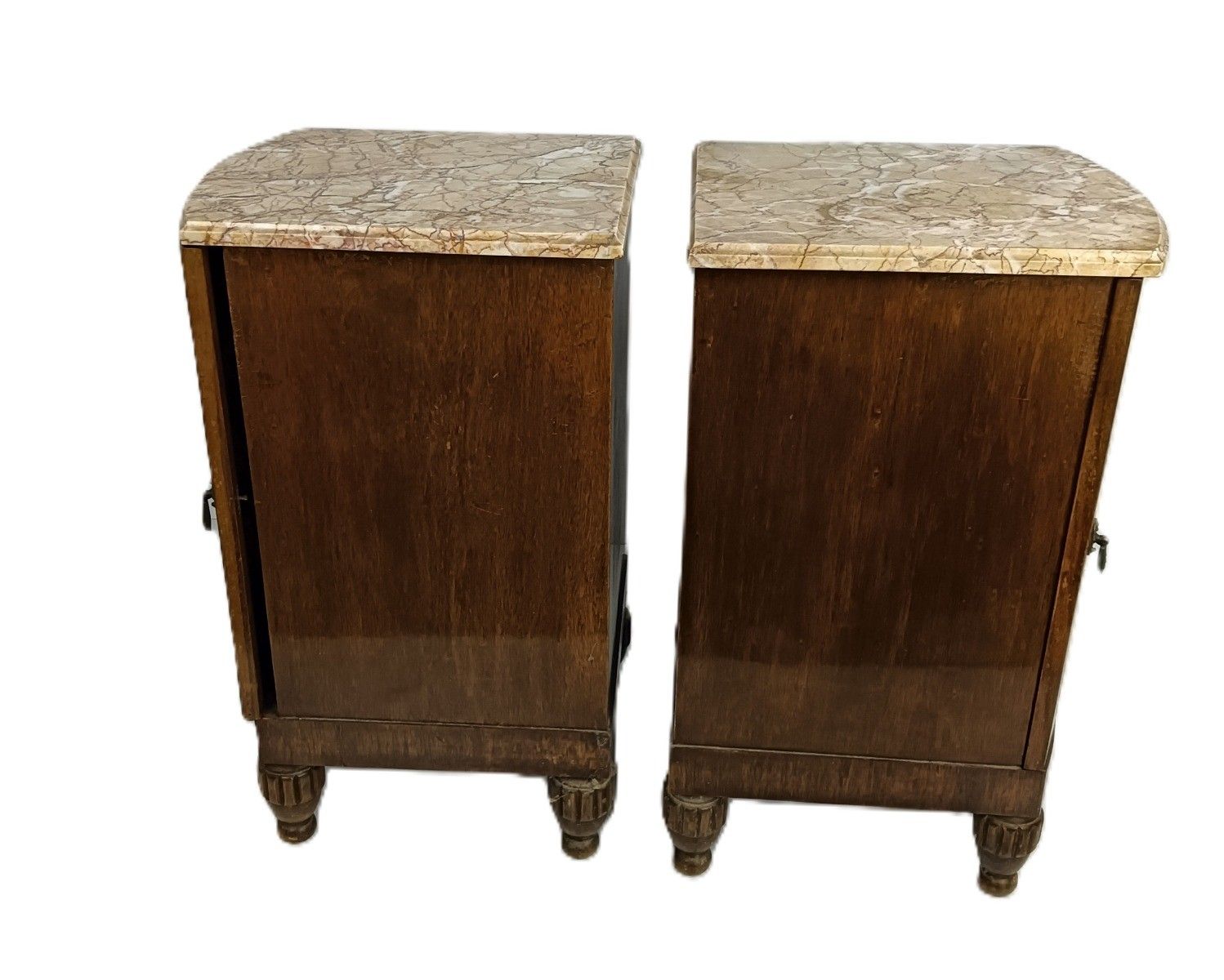 photo vinterior Antique Art Deco Couple Nightstands End Tables Wood Marble Inlay Mother Of Pearl