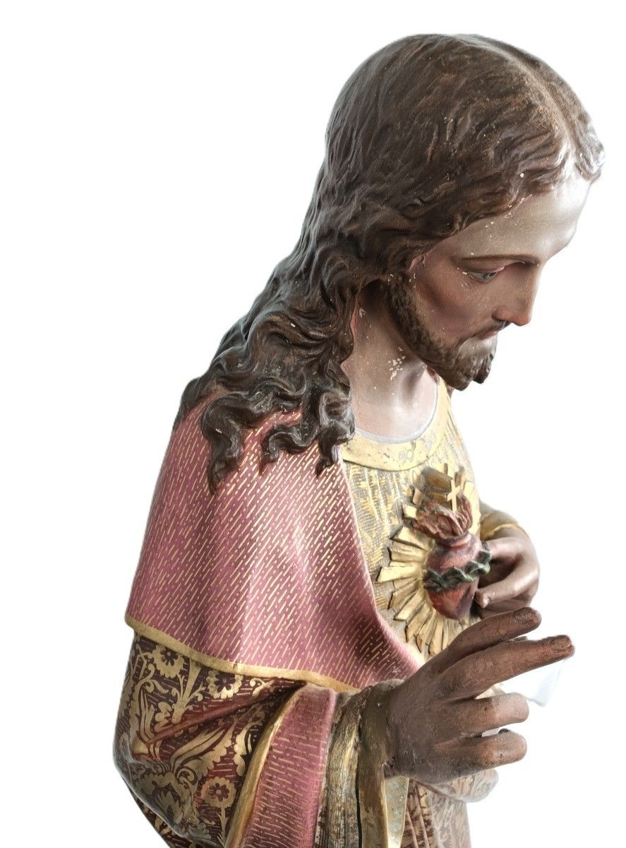Xl Statue Antique Neo Gothic Hand Painted Plaster Church Jesus Christ Holy Heart photo buy