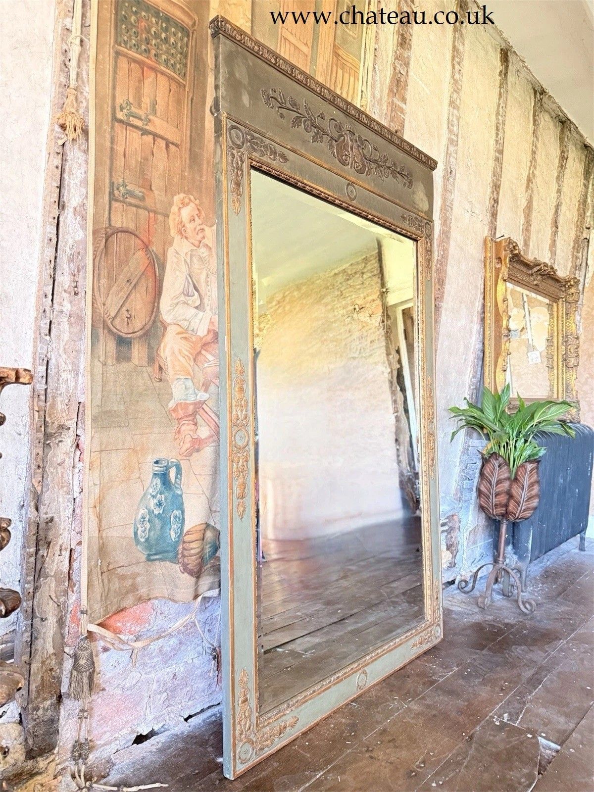 Large Green Gilt English Louis Trumeau Mirror Original Glass 6ft!  1800c photo Home Decor