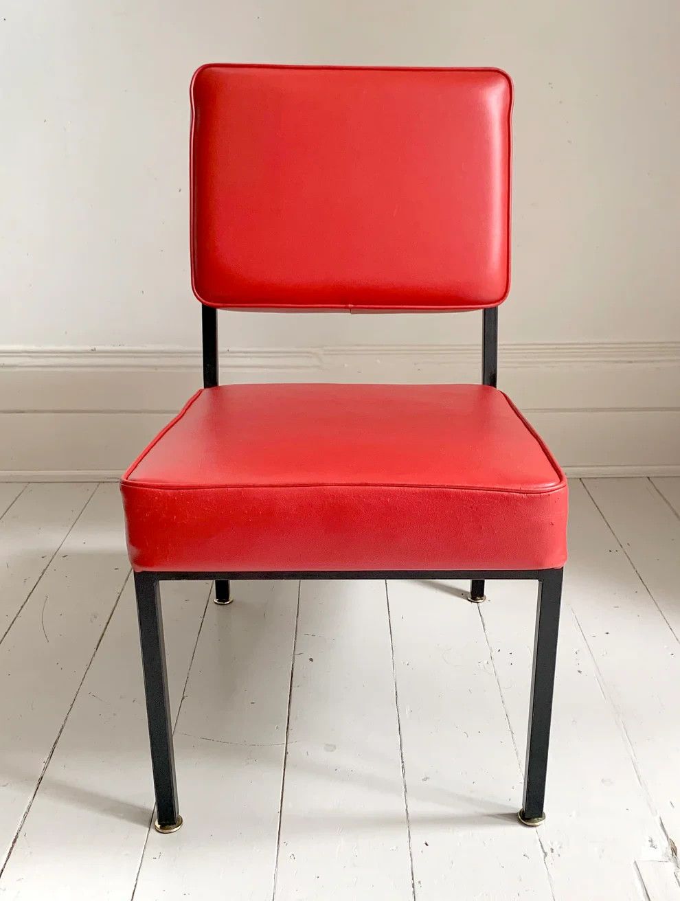 Mid Century Modern Red Vinyl Cocktail / Lounge Chair, Black Frame, 2 Of 2 photo for sale