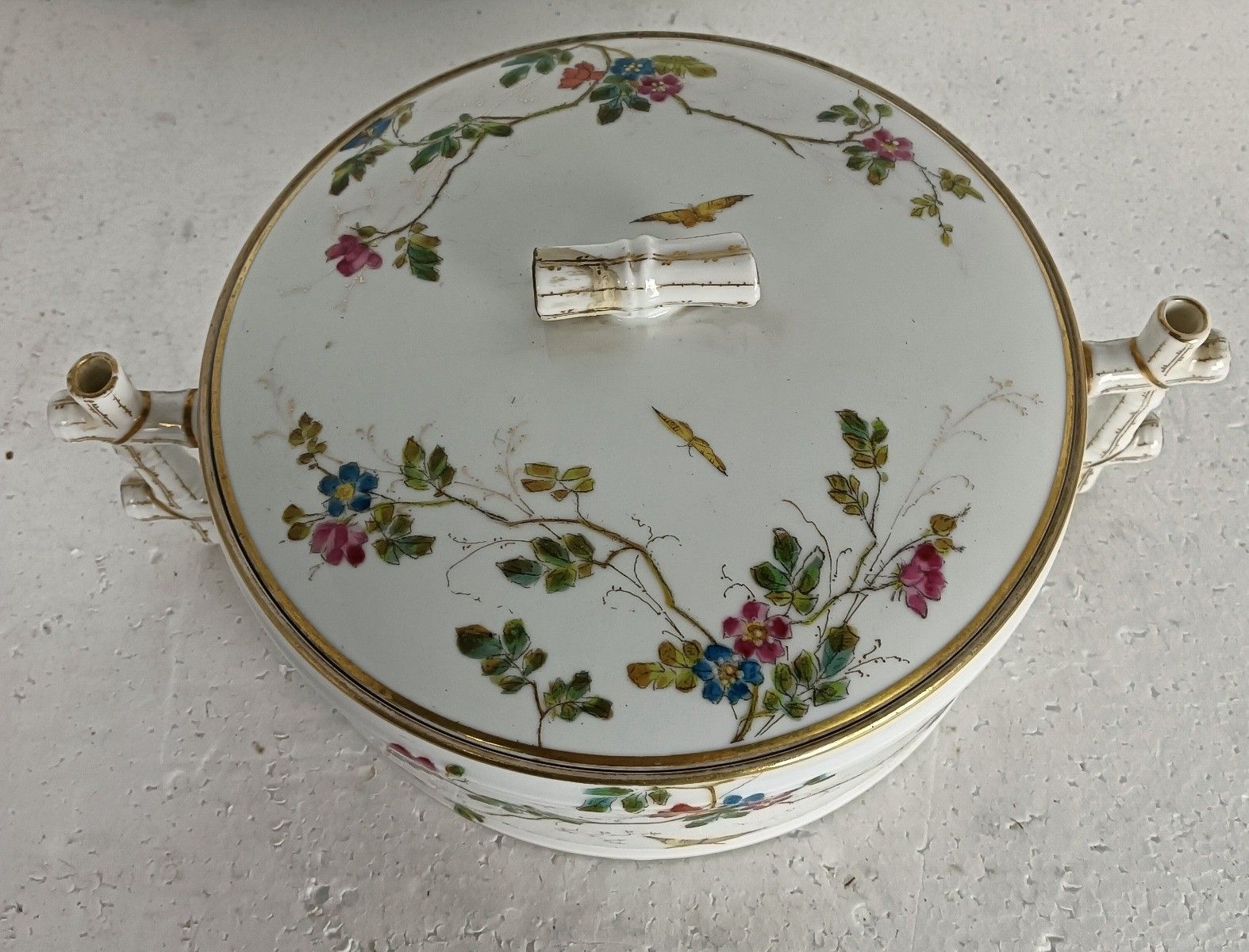 Victorian Antique 19th Century Small Tureen Bowl Lidded Hand Painted Flowers Bu photo 301.0