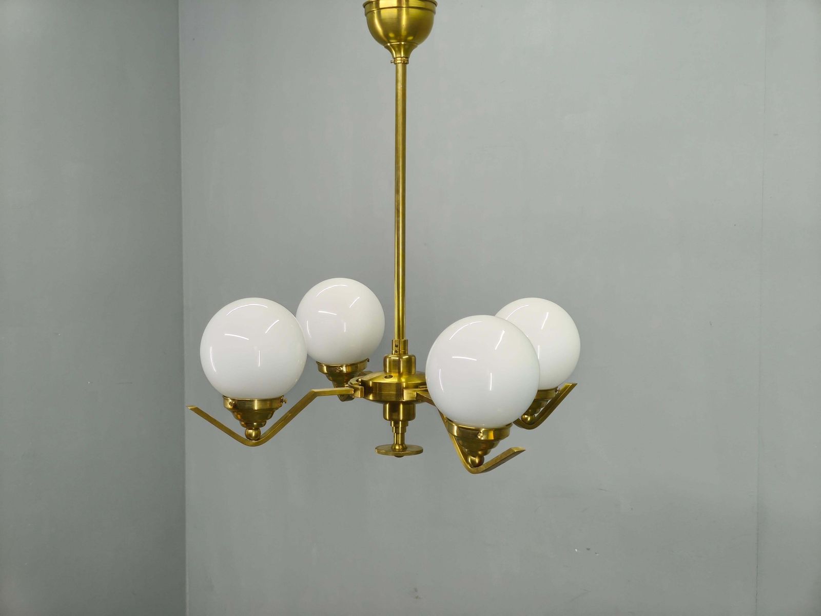 Adjustable Art Deco Brass Chandelier With Milk Glass, 1930s photo furniture