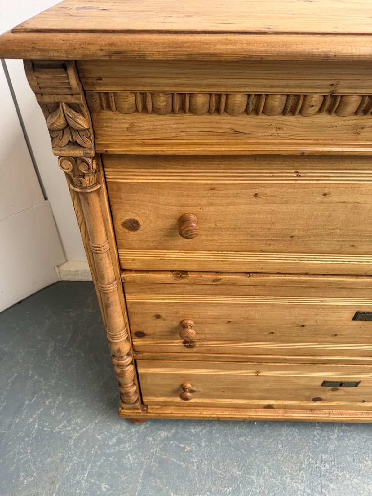 An Original Antique Pine Columned Hungarian Waxed 3 Drawer Chest Of Drawers photo for sale