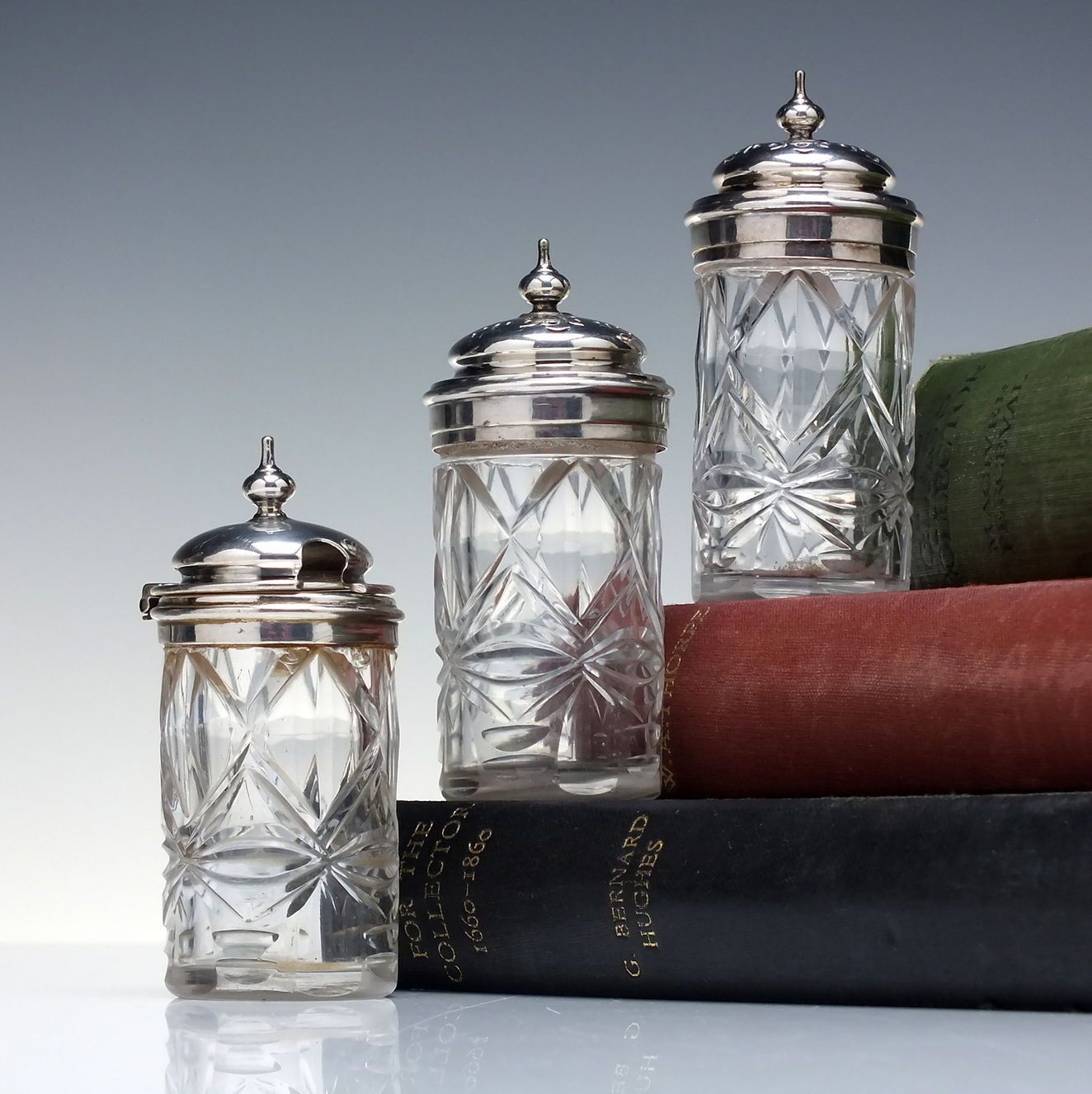 Set Of Three Georgian Irish Cut Glass Shakers & Cruet With Silver Lids C1820 photo furniture