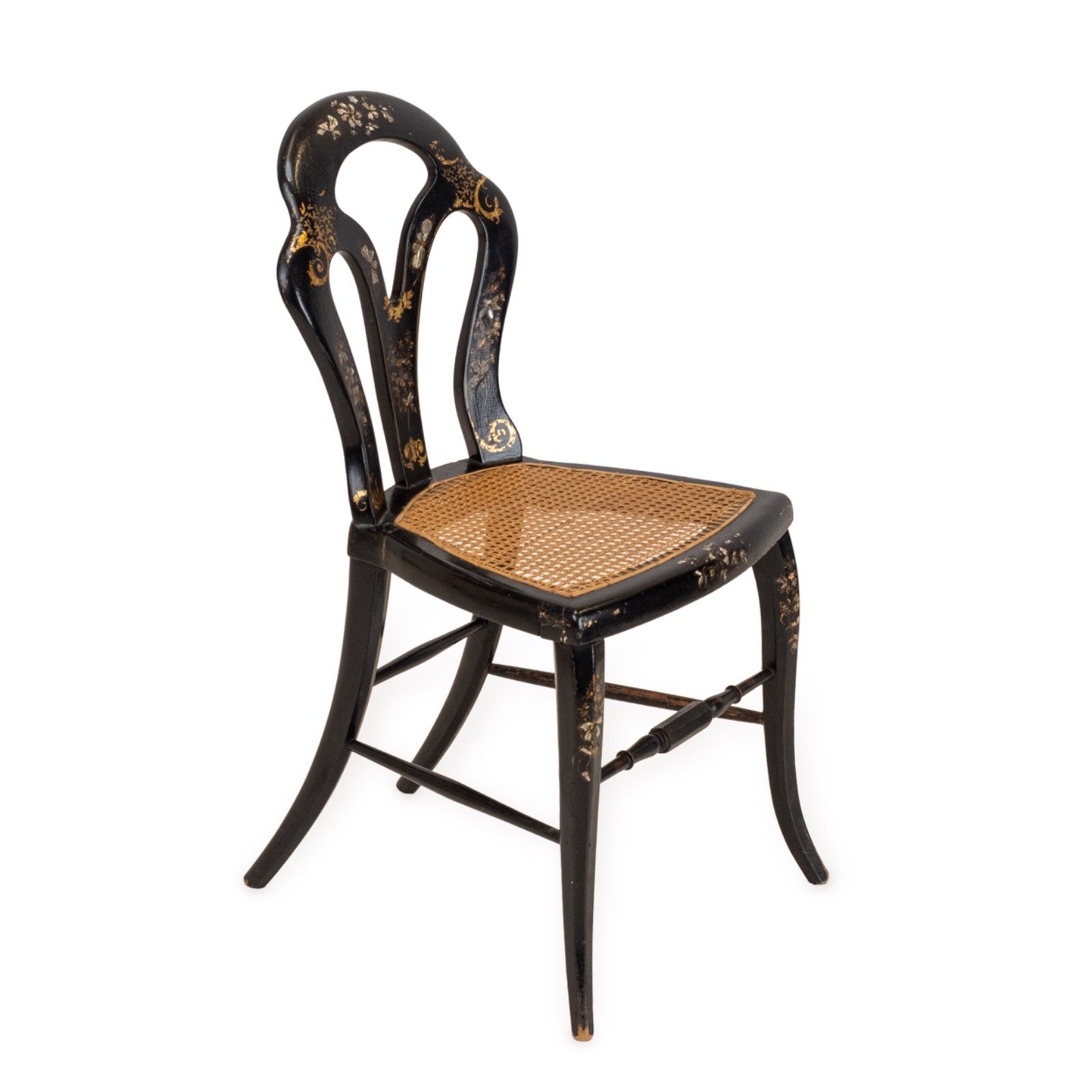 Japanned Chinoiserie Chair, Papier Mâché, Mother Of Pearl, Regency Taste, C.19th photo for sale