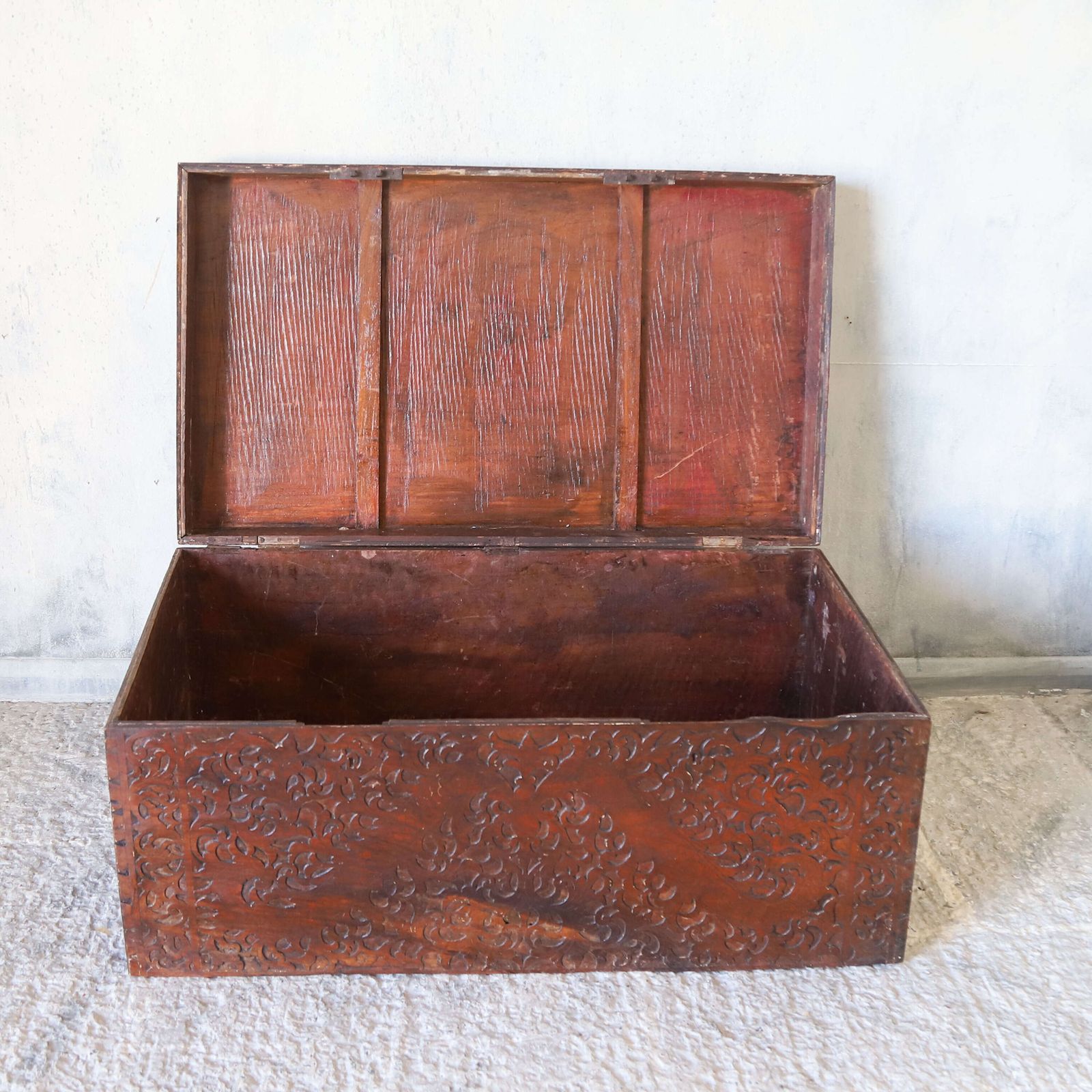 photo for sale Vintage Carved Camphor Wood Chest With Storage And Iron Handles