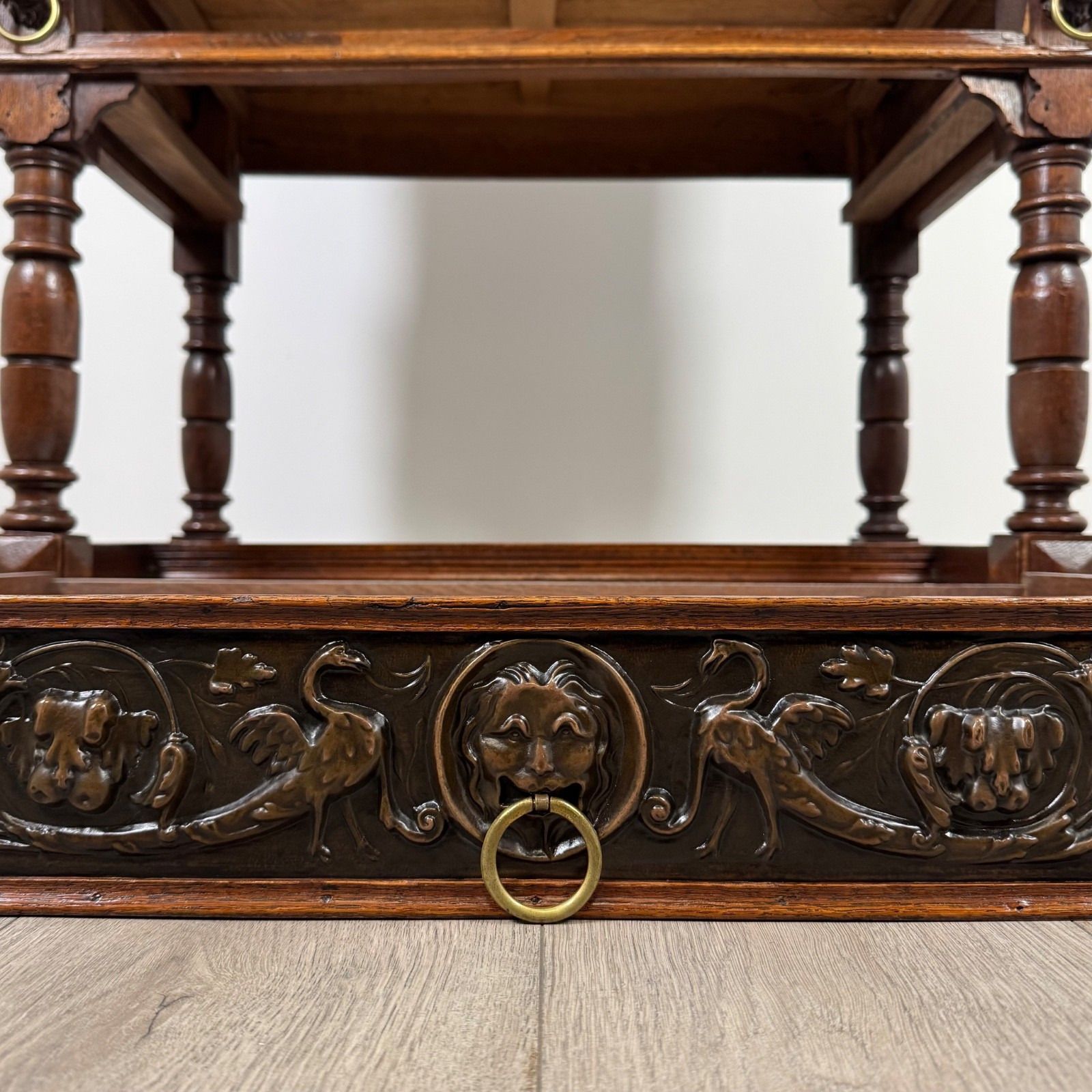 photo for sale Antique 19th Century Jacobean Revival Cabinet In Copper And Oak ( Af 4137 )