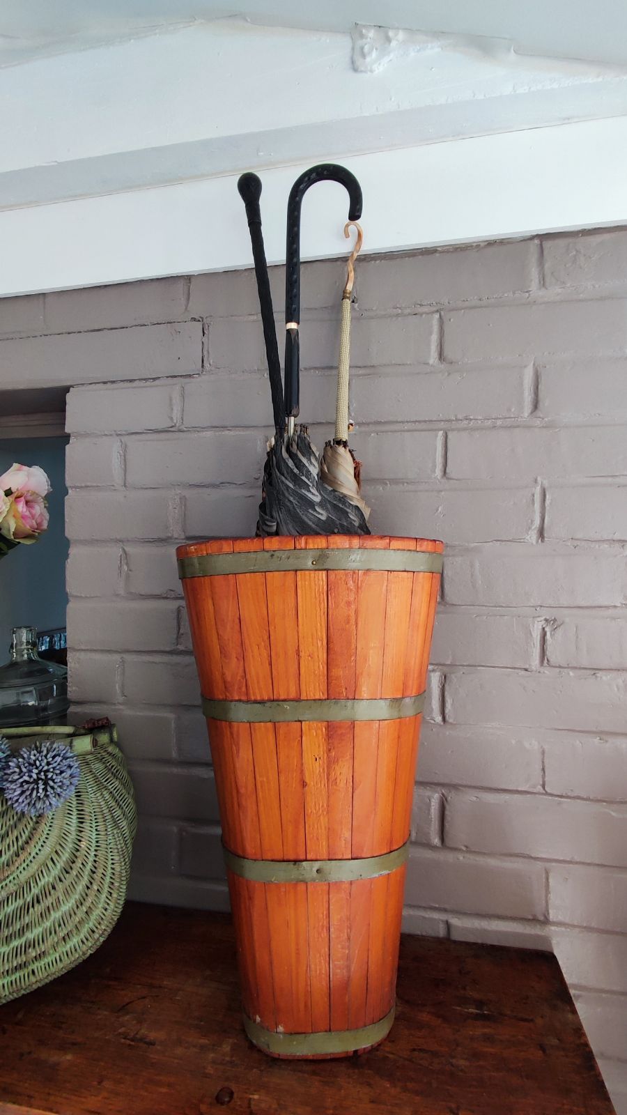 photo vinterior Vintage French Grape Basket, Wood Wine Barrel, Rustic Umbrella Stand