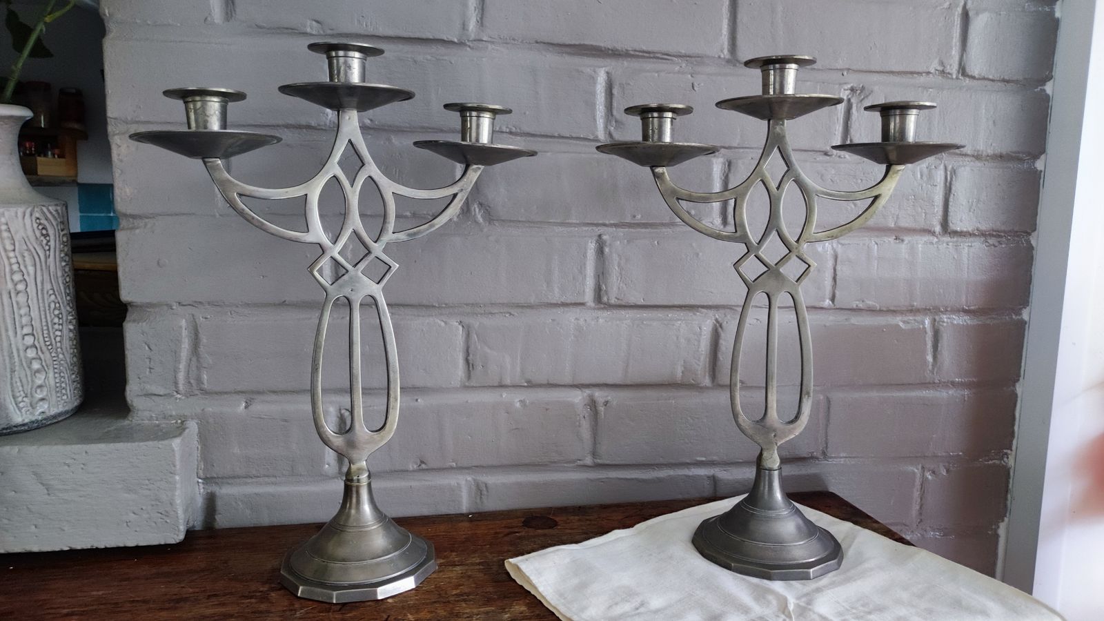 Home Decor Pair Of Art Nouveau Pewter Candelabra, French Dinner Table Centerpiece photo