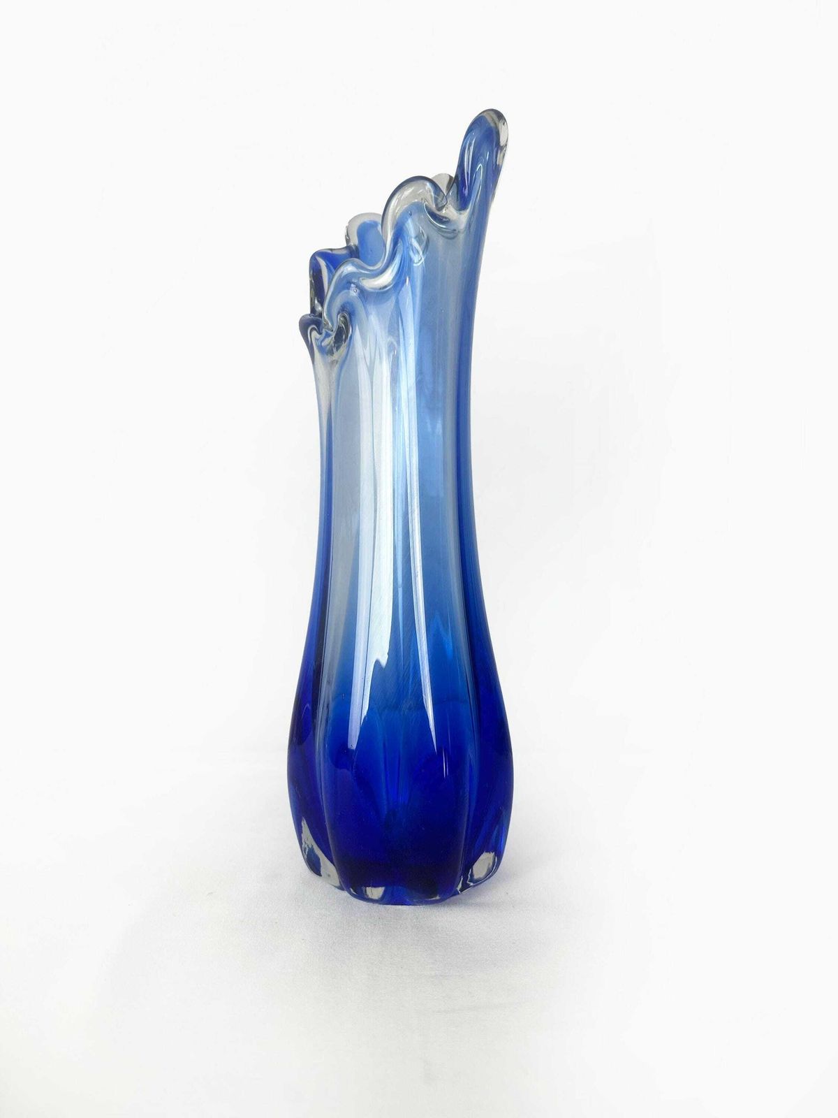 Vintage Glass Flower Vase Murano Point Blue Cobalt Wave Edge Mid Century 1970 70s Italy photo Home Decor
