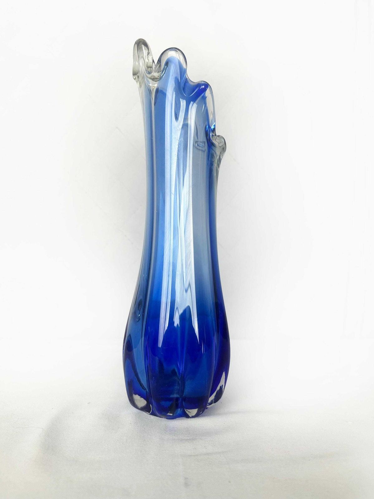 photo for sale Vintage Glass Flower Vase Murano Point Blue Cobalt Wave Edge Mid Century 1970 70s Italy