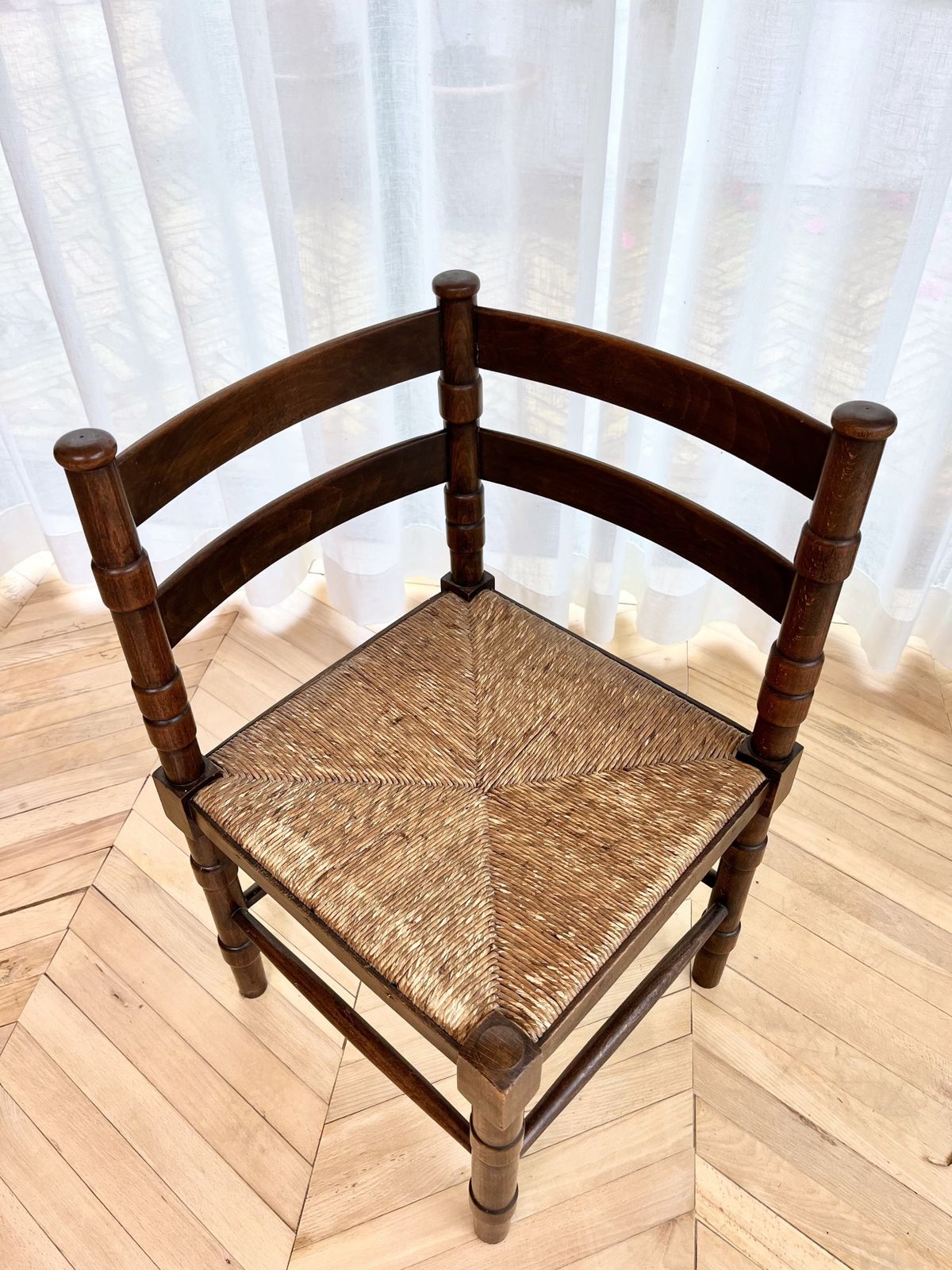 Vintage Woven Rush Seat Carved Oak Corner Chair photo Furniture