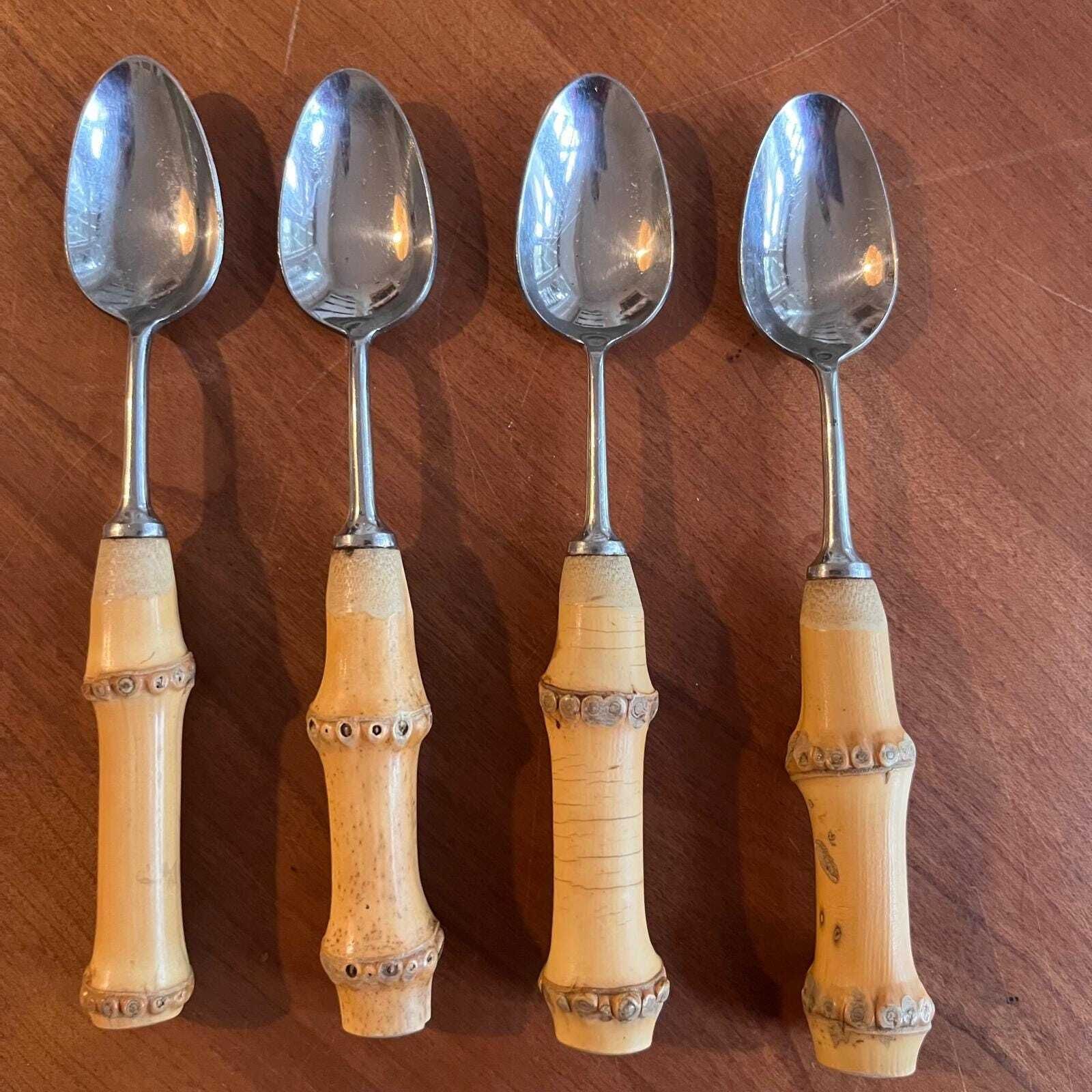 Vintage Bamboo Handled Mills Moore Stainless Steel Flatware Set Of 4 Place Settings photo vinterior