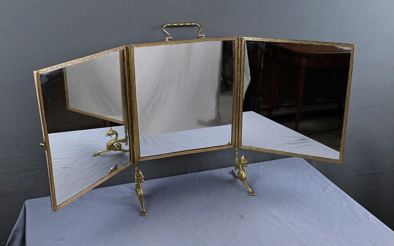 Rare Bronze Triptych Mirror – 1900 photo Home Decor