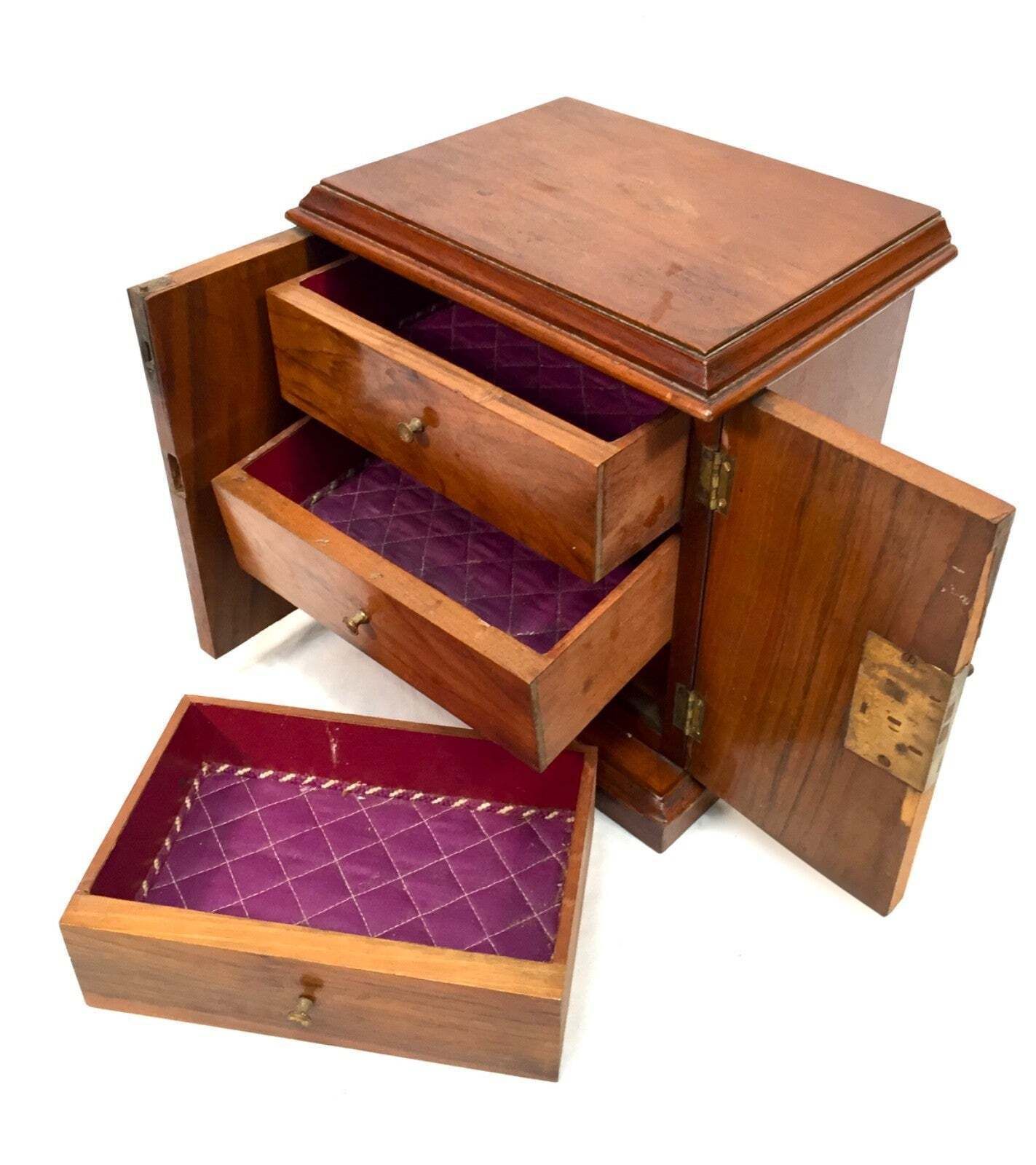 Antique Wood Tabletop Storage Drawers  Jewellery Box Humidor Cabinet With Key photo vinterior