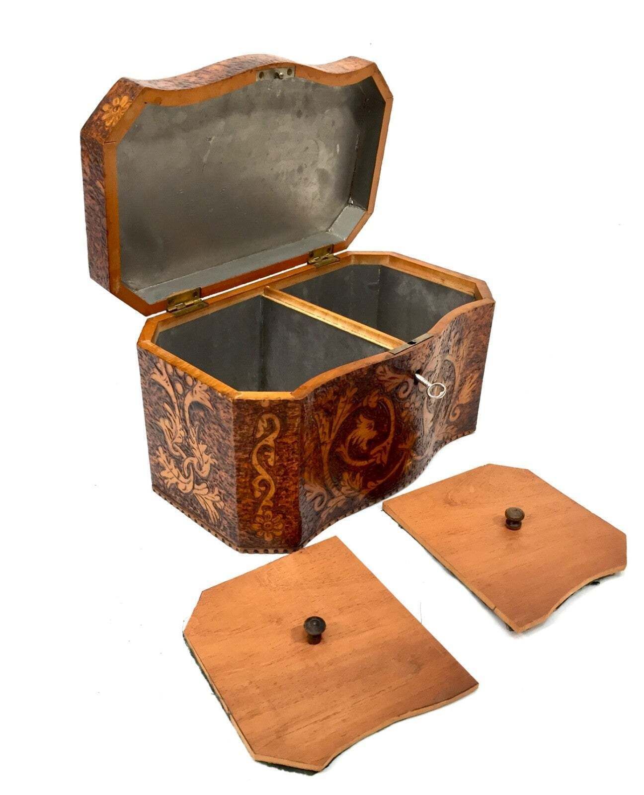 Antique Pokerwork Burr Yew Wooden Tea Caddy Storage Box With Key 19th Century photo furniture