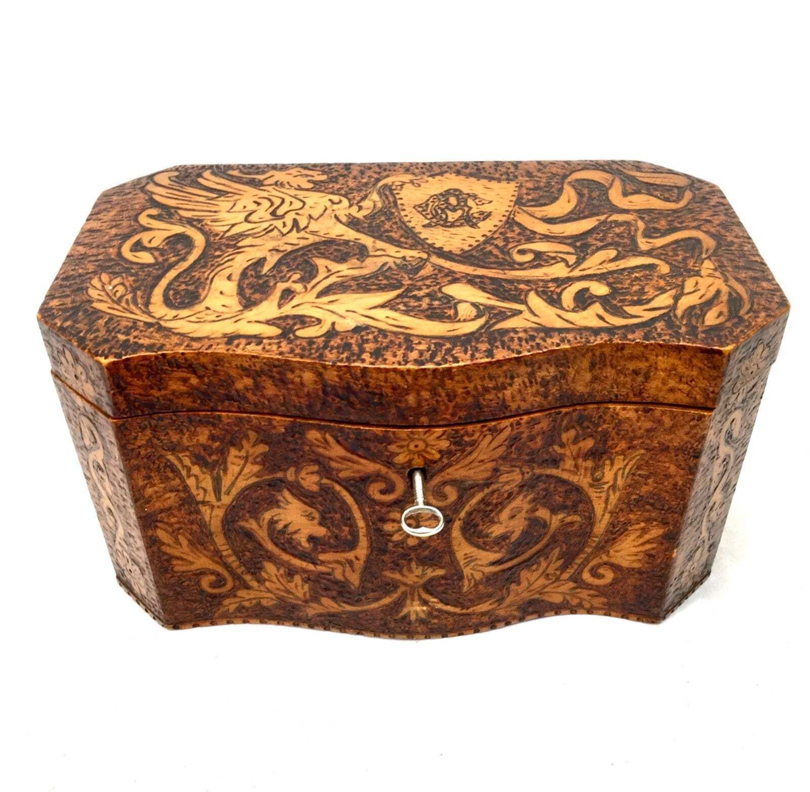 Antique Pokerwork Burr Yew Wooden Tea Caddy Storage Box With Key 19th Century photo Home Decor