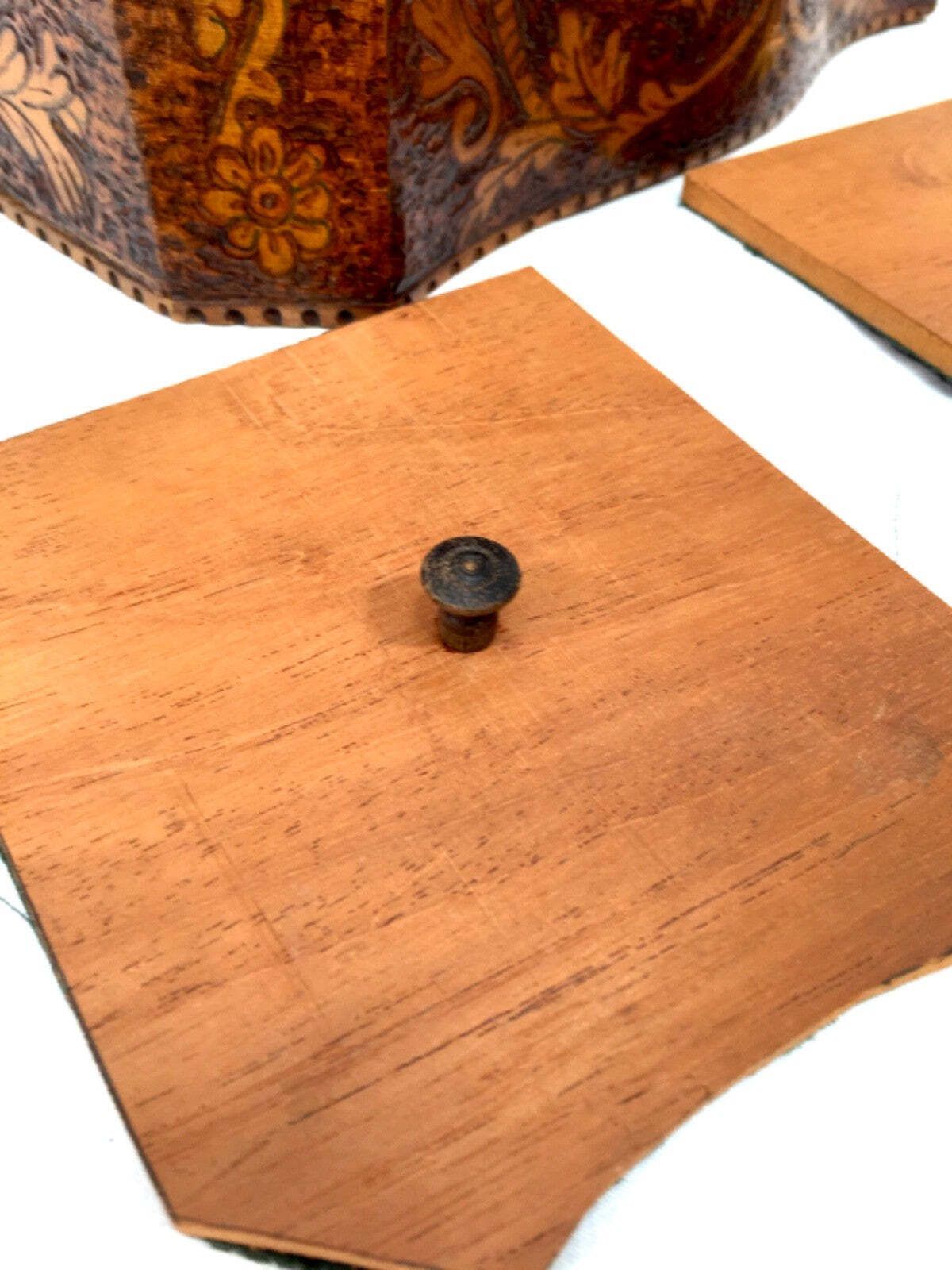 photo for sale Antique Pokerwork Burr Yew Wooden Tea Caddy Storage Box With Key 19th Century