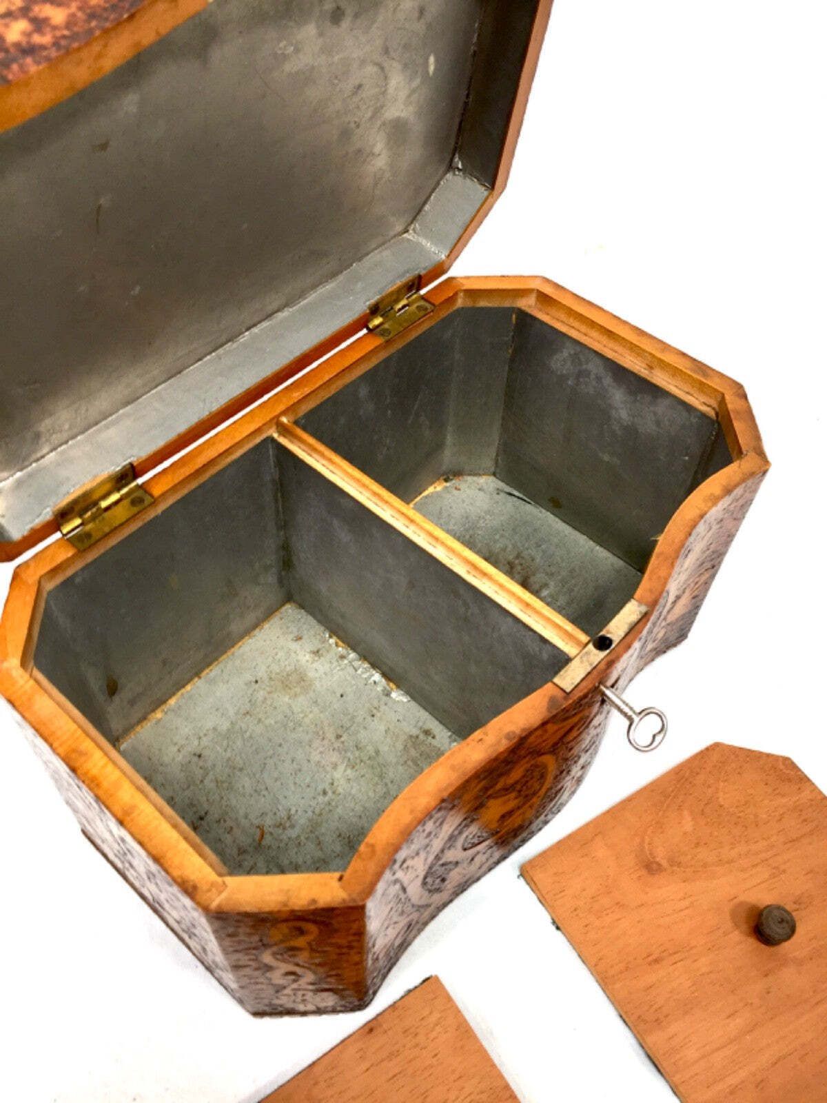 Home Decor Antique Pokerwork Burr Yew Wooden Tea Caddy Storage Box With Key 19th Century photo