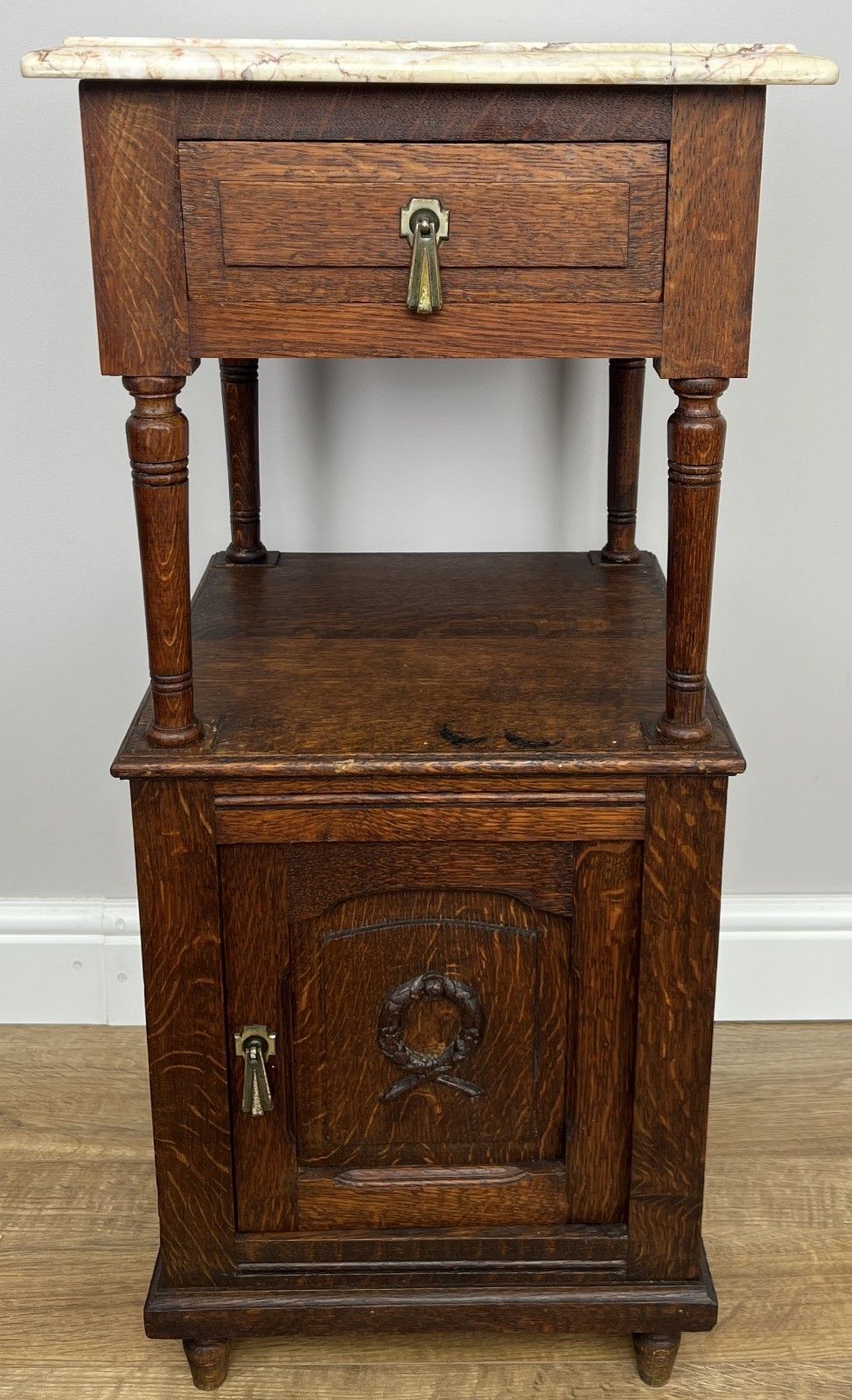 Pair Of Bedside Tables Antique French Marble Top Carved Oak Cabinets Lot 4918 photo Furniture
