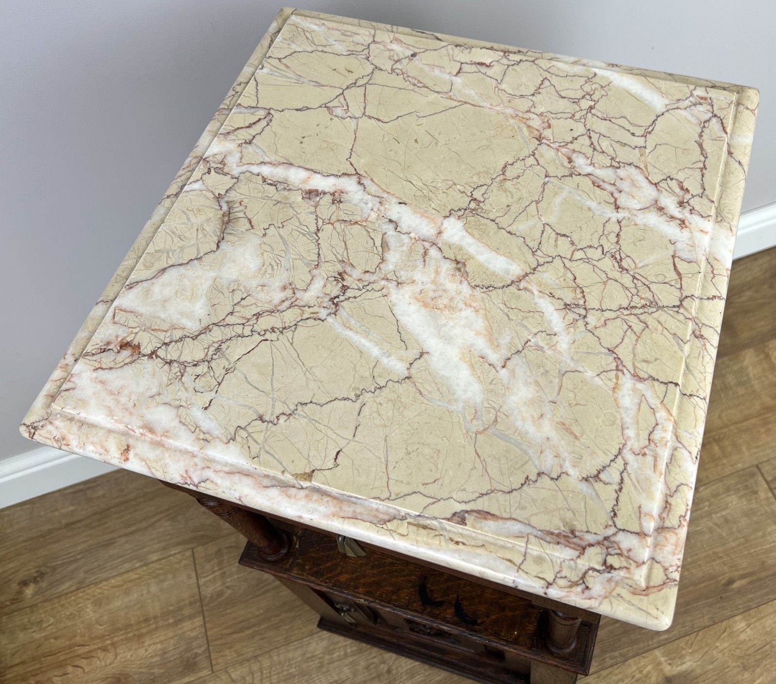 photo for sale Pair Of Bedside Tables Antique French Marble Top Carved Oak Cabinets Lot 4918
