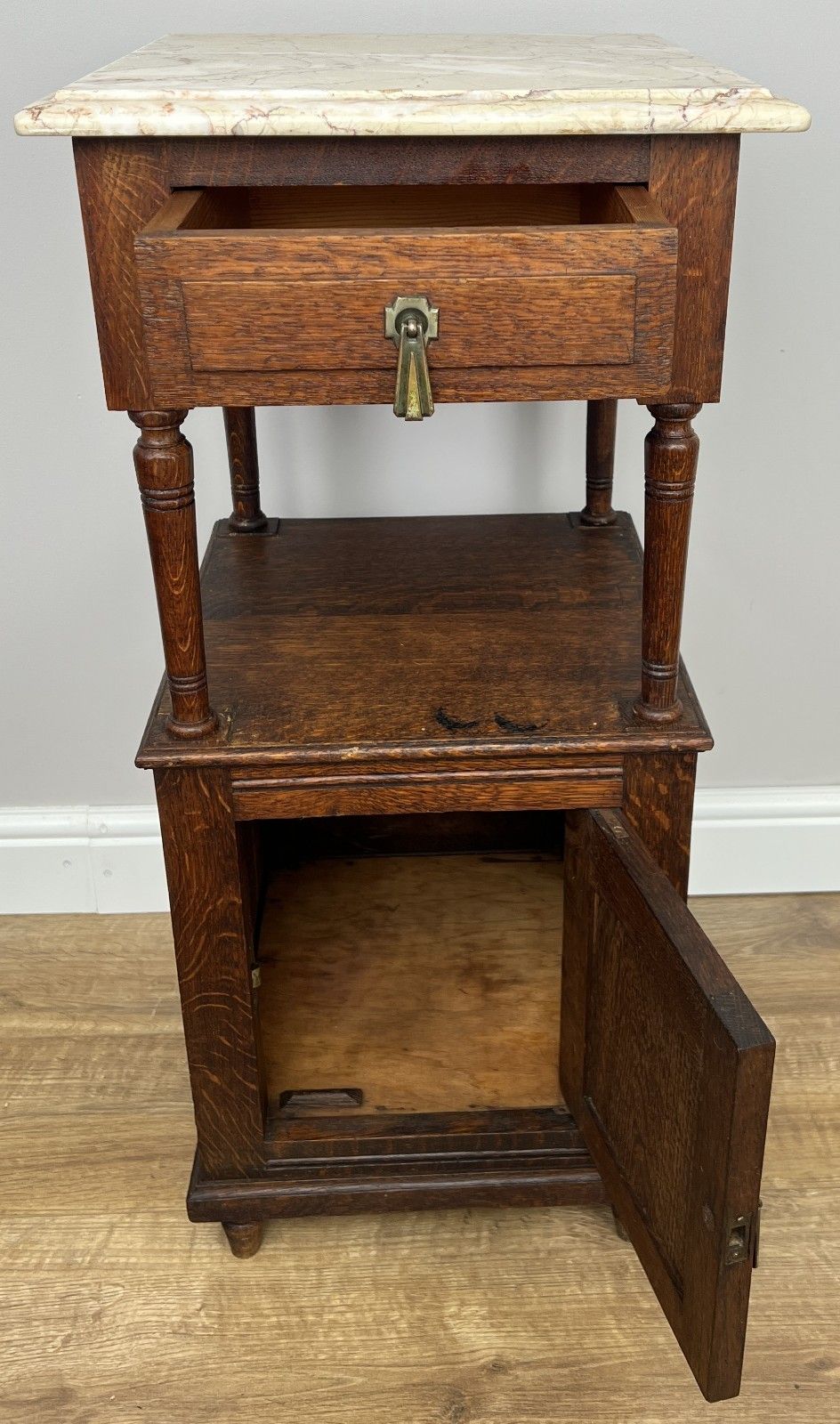Furniture Pair Of Bedside Tables Antique French Marble Top Carved Oak Cabinets Lot 4918 photo