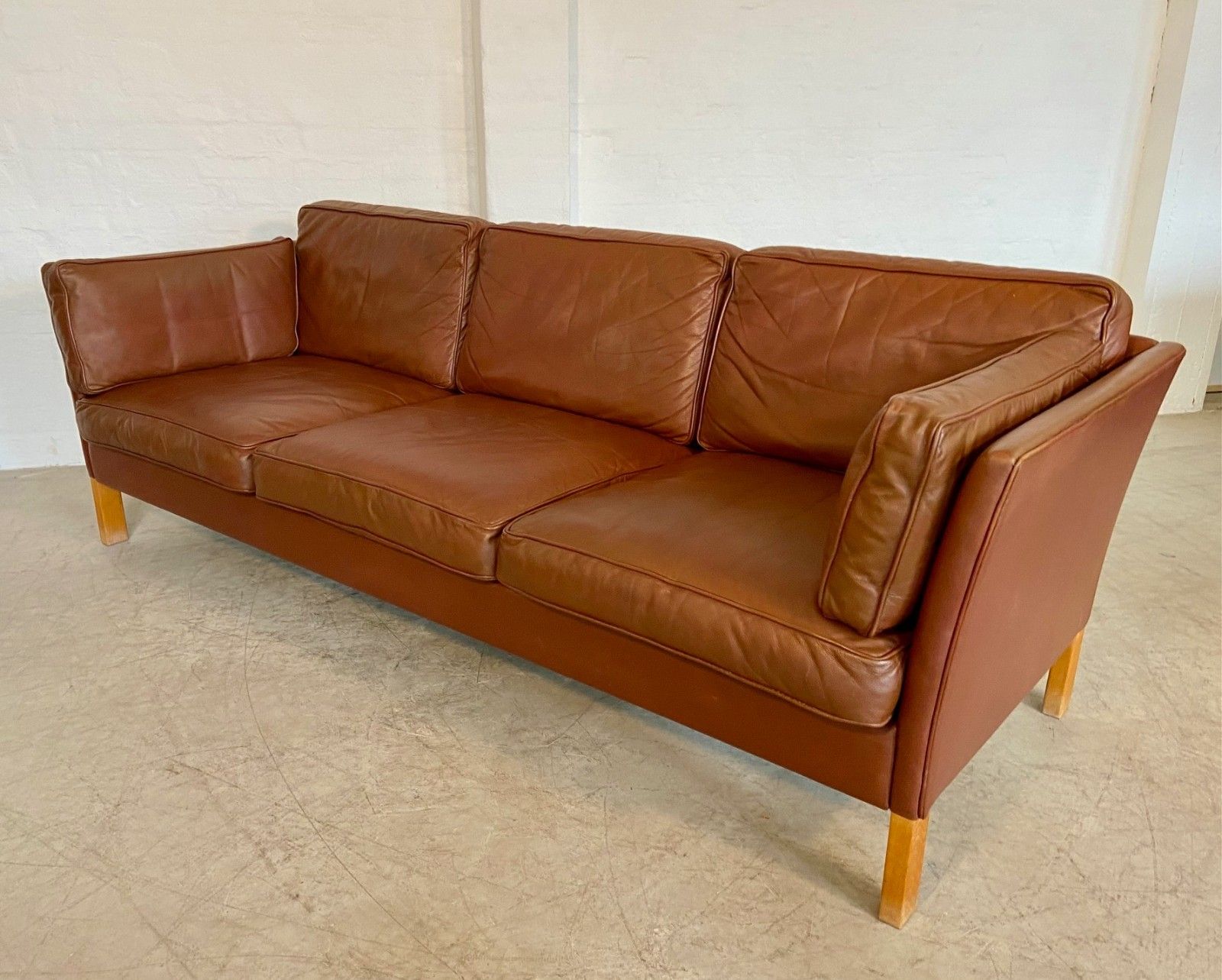 Furniture Vintage Danish Mid Century  Mogens Hansen 3 Person  Cognac Leather Sofa 1960,S photo