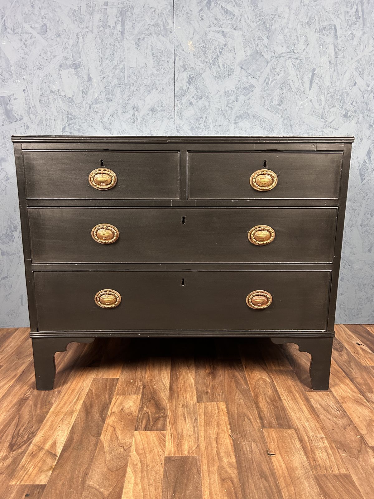 Georgian Ebonised Design Chest Of Drawers With Brass Handles