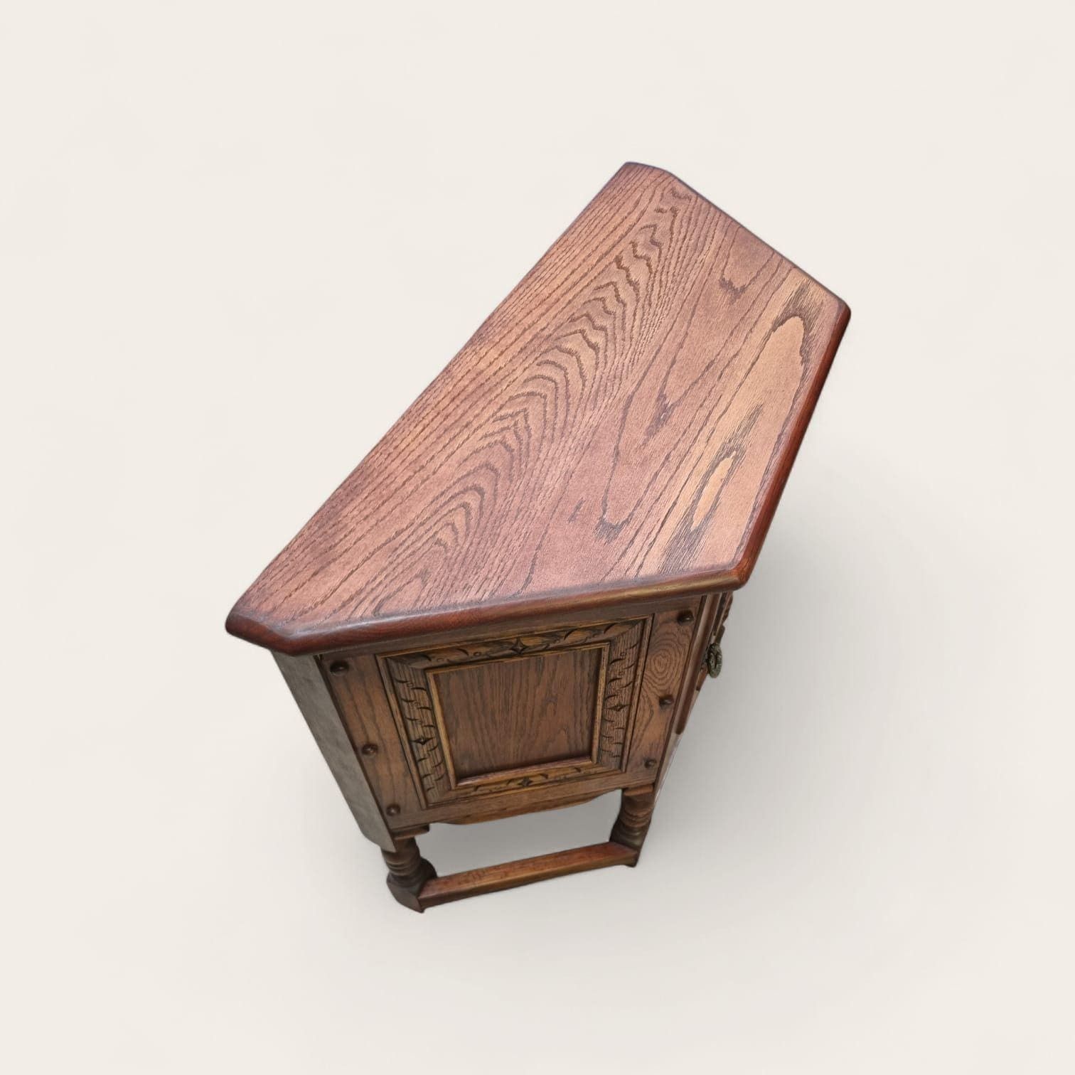 Vintage Old Charm Wood Brothers Canted Side Cabinet / Carved Oak / C1970 photo vintage