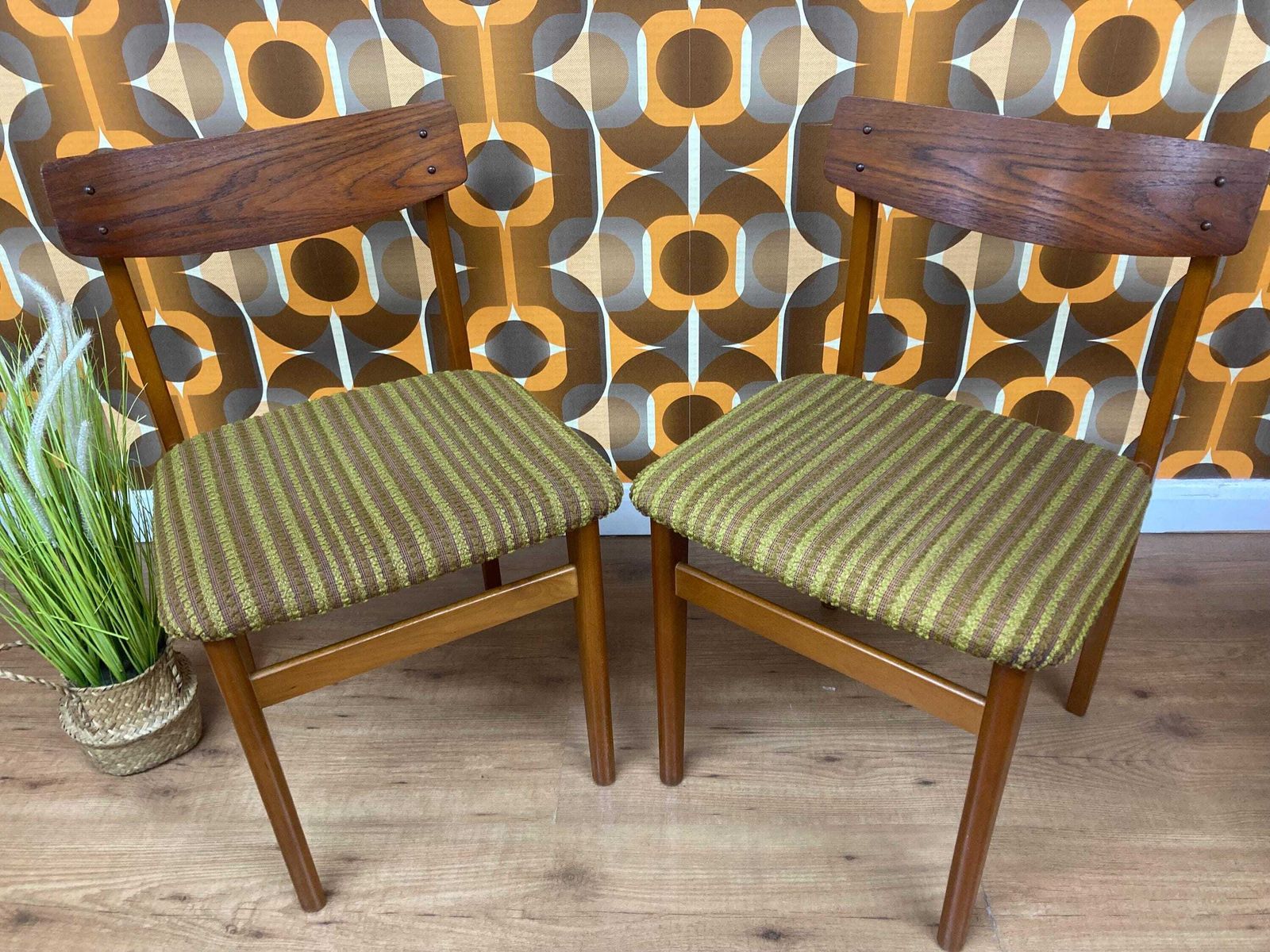 Pair Of Vintage Mid Century Teak Dining Chairs With Original Upholstery Cleaned, New Foam Added, Circa 1960s
