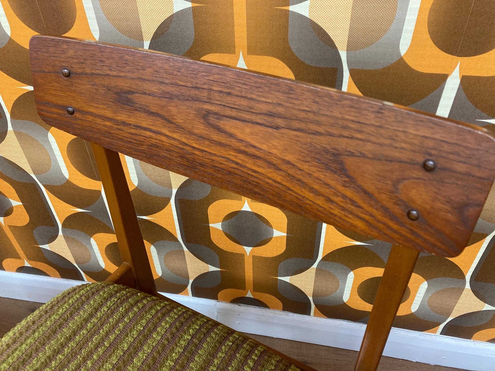 Pair Of Vintage Mid Century Teak Dining Chairs With Original Upholstery Cleaned, New Foam Added, Circa 1960s photo vintage