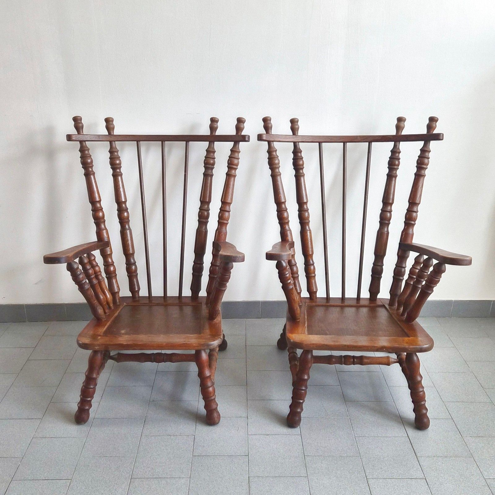 Pair Of Vintage 1970 Brutalist Oak Reel Armchairs 70s 1970s
