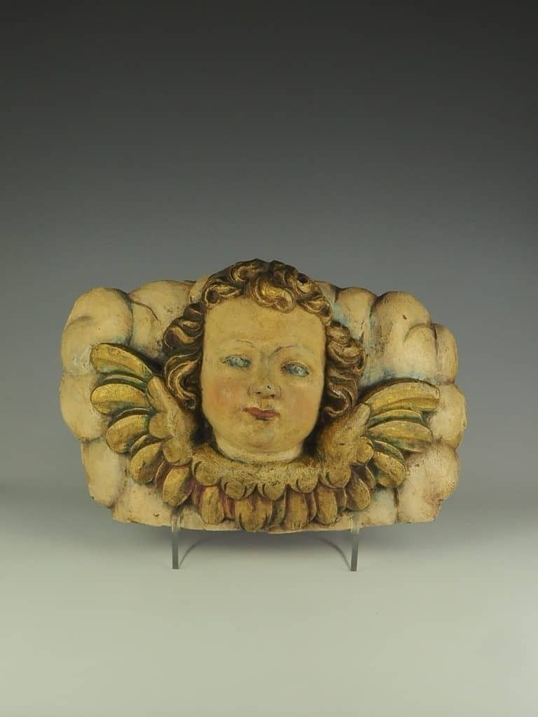 18th Century Carved Wood Panel – Polychrome Head Of Cherub – Putto
