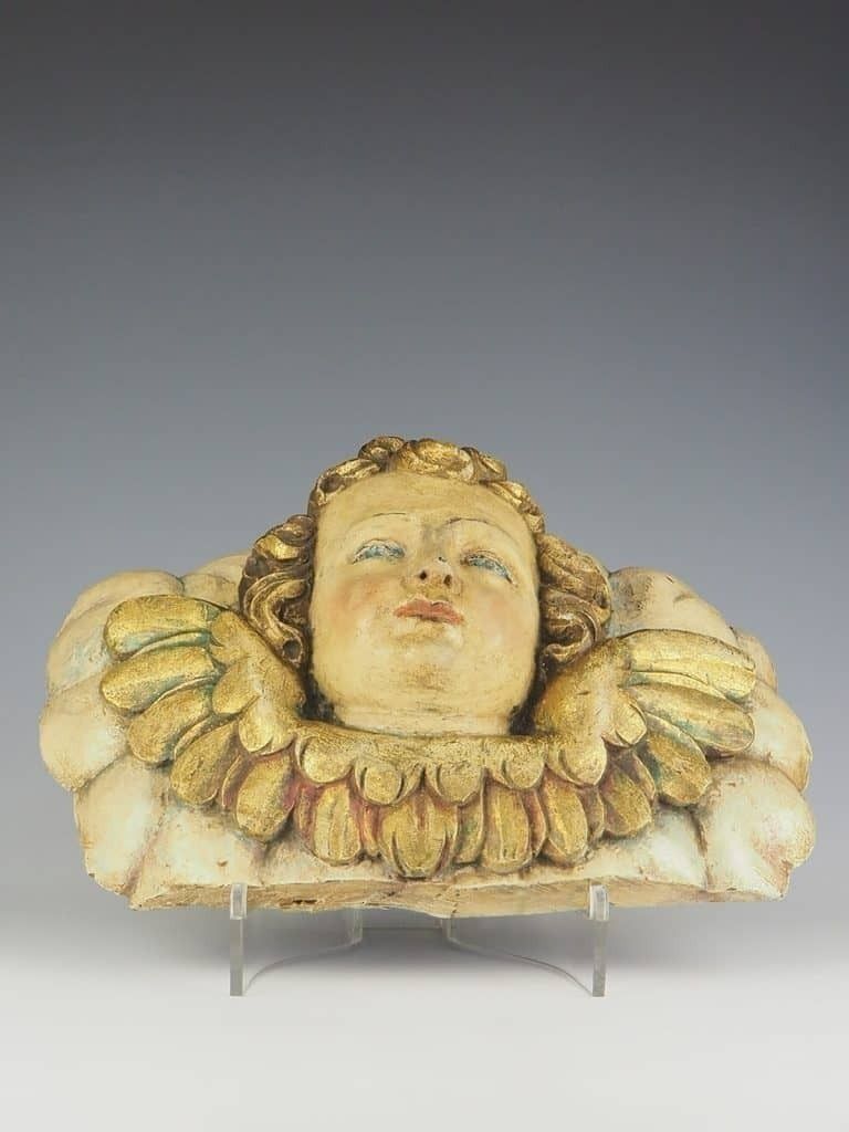 photo vintage 18th Century Carved Wood Panel – Polychrome Head Of Cherub – Putto