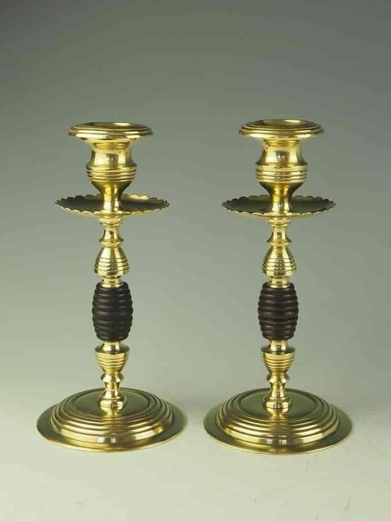 Pair Of Regency Beehive Brass And Oak Candle Holders photo 195.0