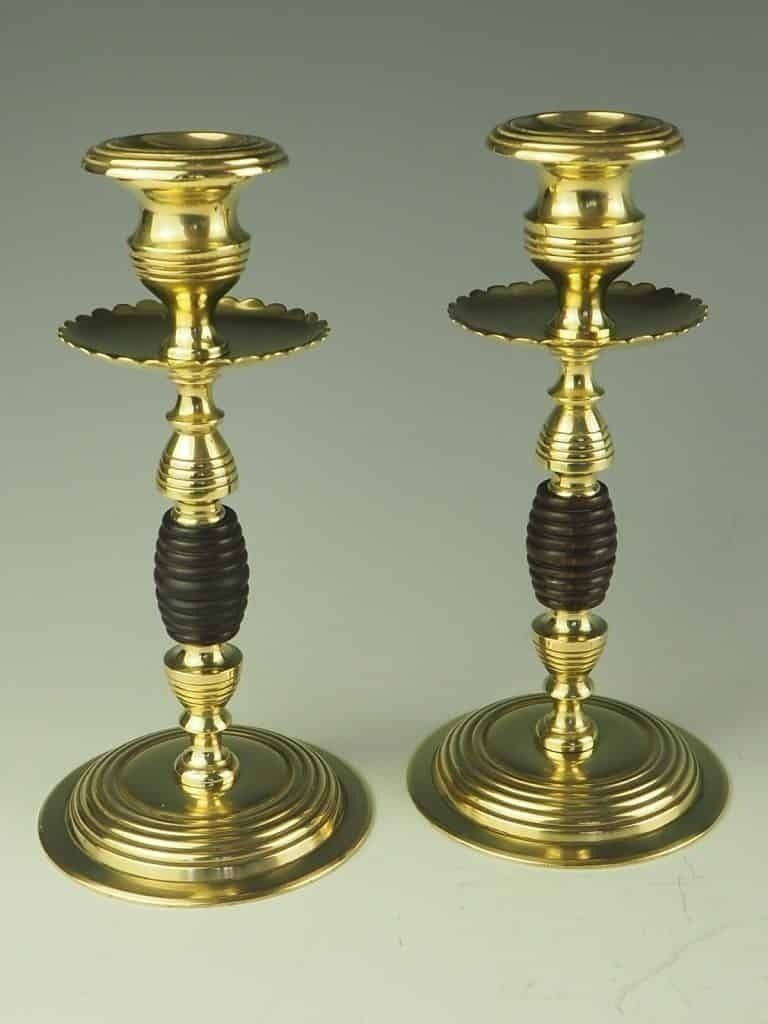 Pair Of Regency Beehive Brass And Oak Candle Holders photo vinterior