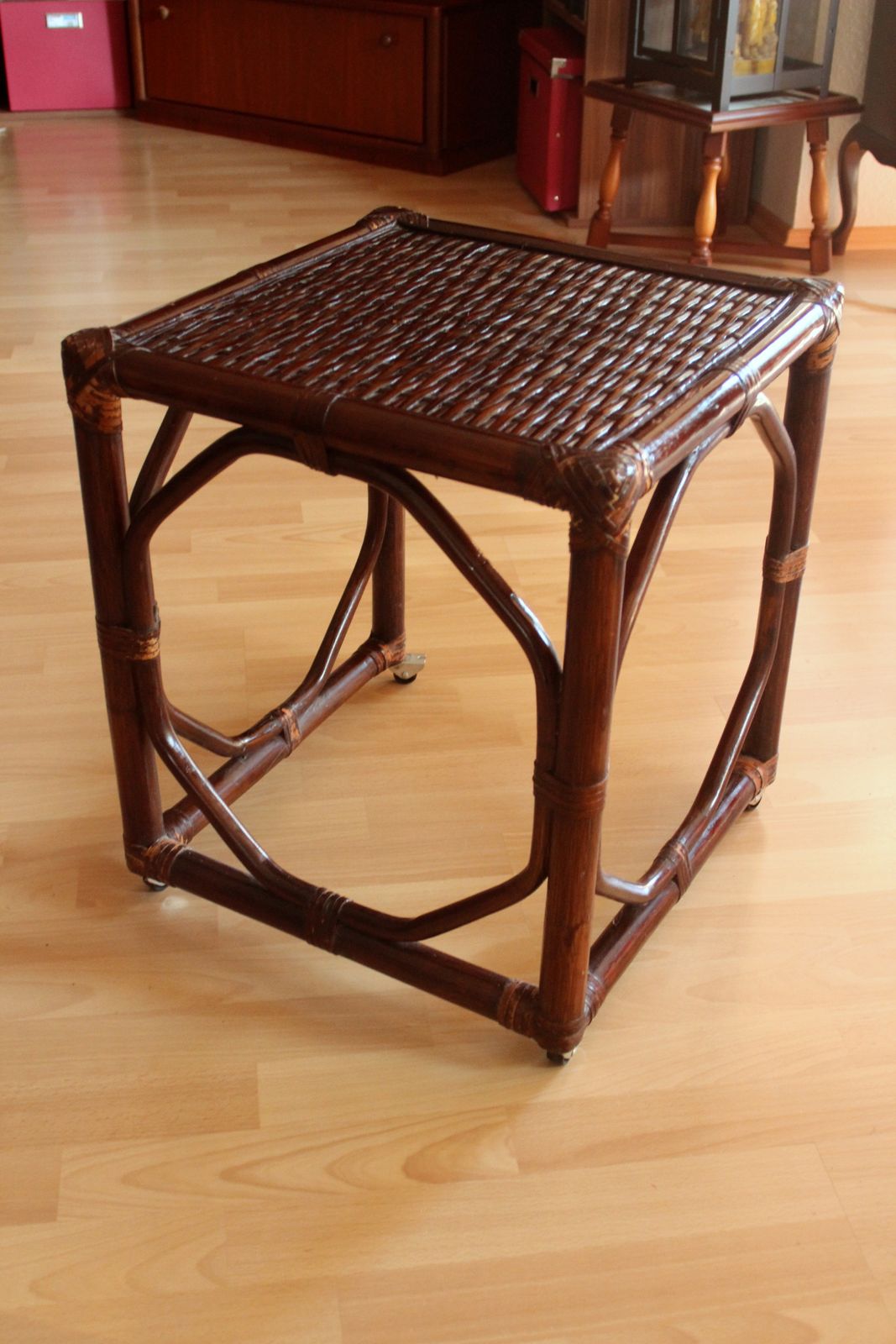 Mid Century Small Side Table On Rolls Made Of Rattan, Bamboo And Wood   Handmade, Braided   Vintage