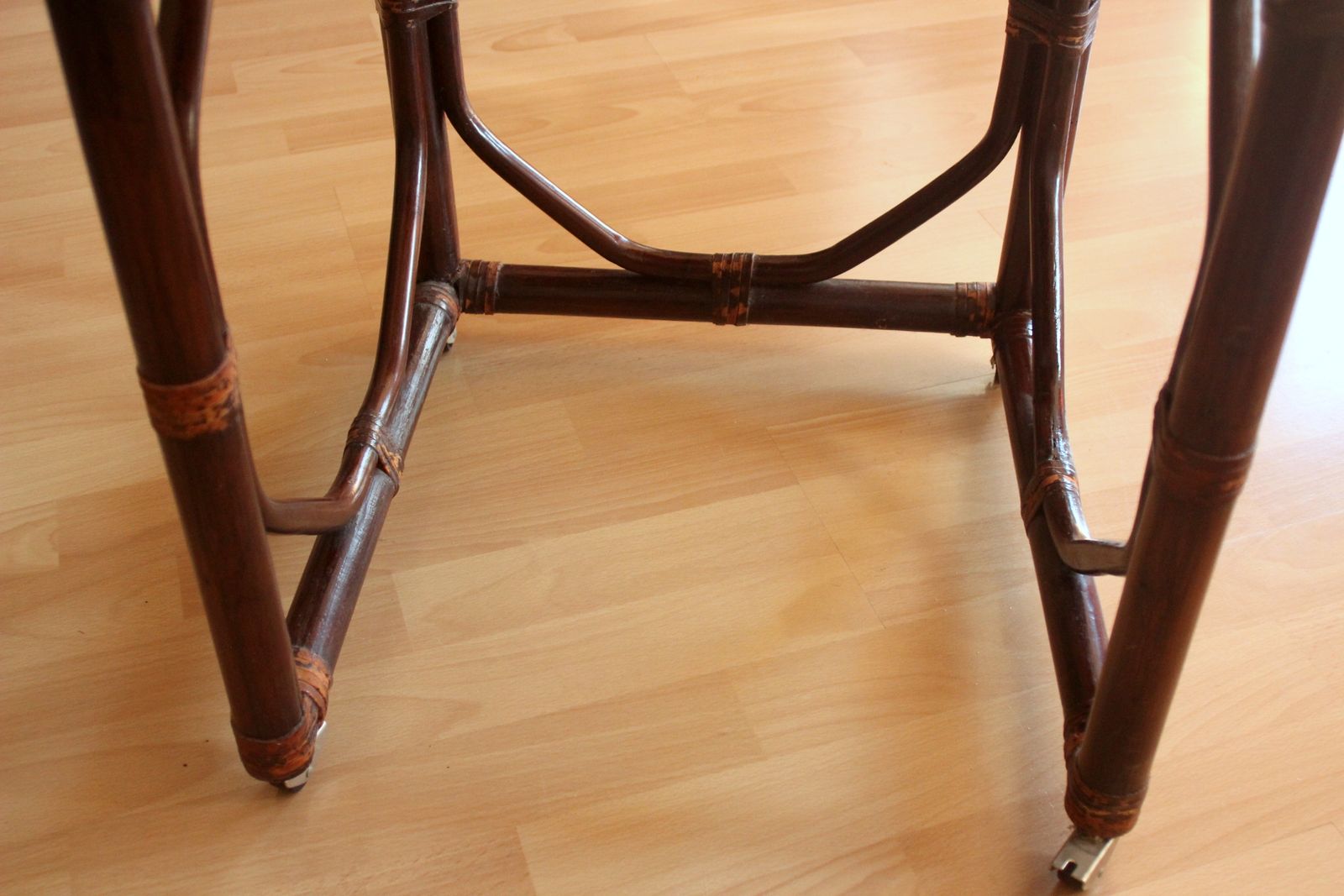 Mid Century Small Side Table On Rolls Made Of Rattan, Bamboo And Wood   Handmade, Braided   Vintage photo vinterior