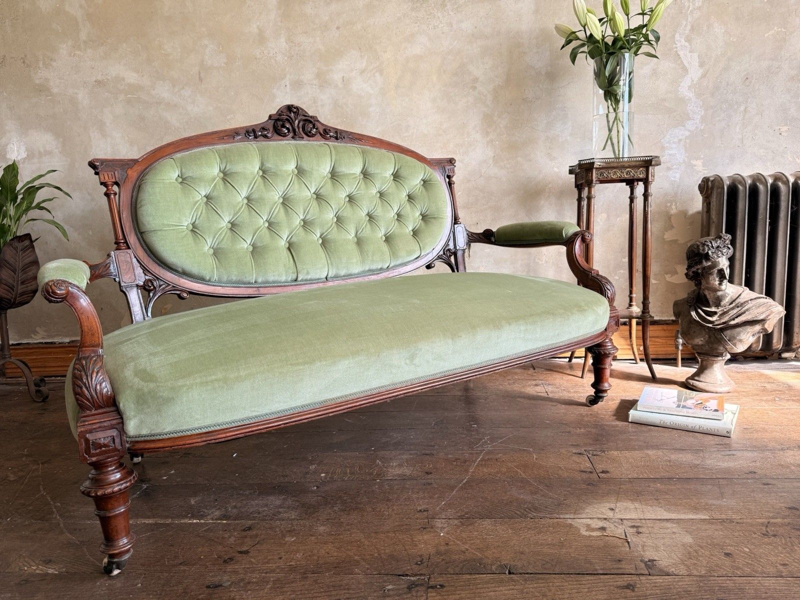 Original Antique Carved Pastashio Green Chaise Longue Salon Sofa England 1880 C photo vinterior