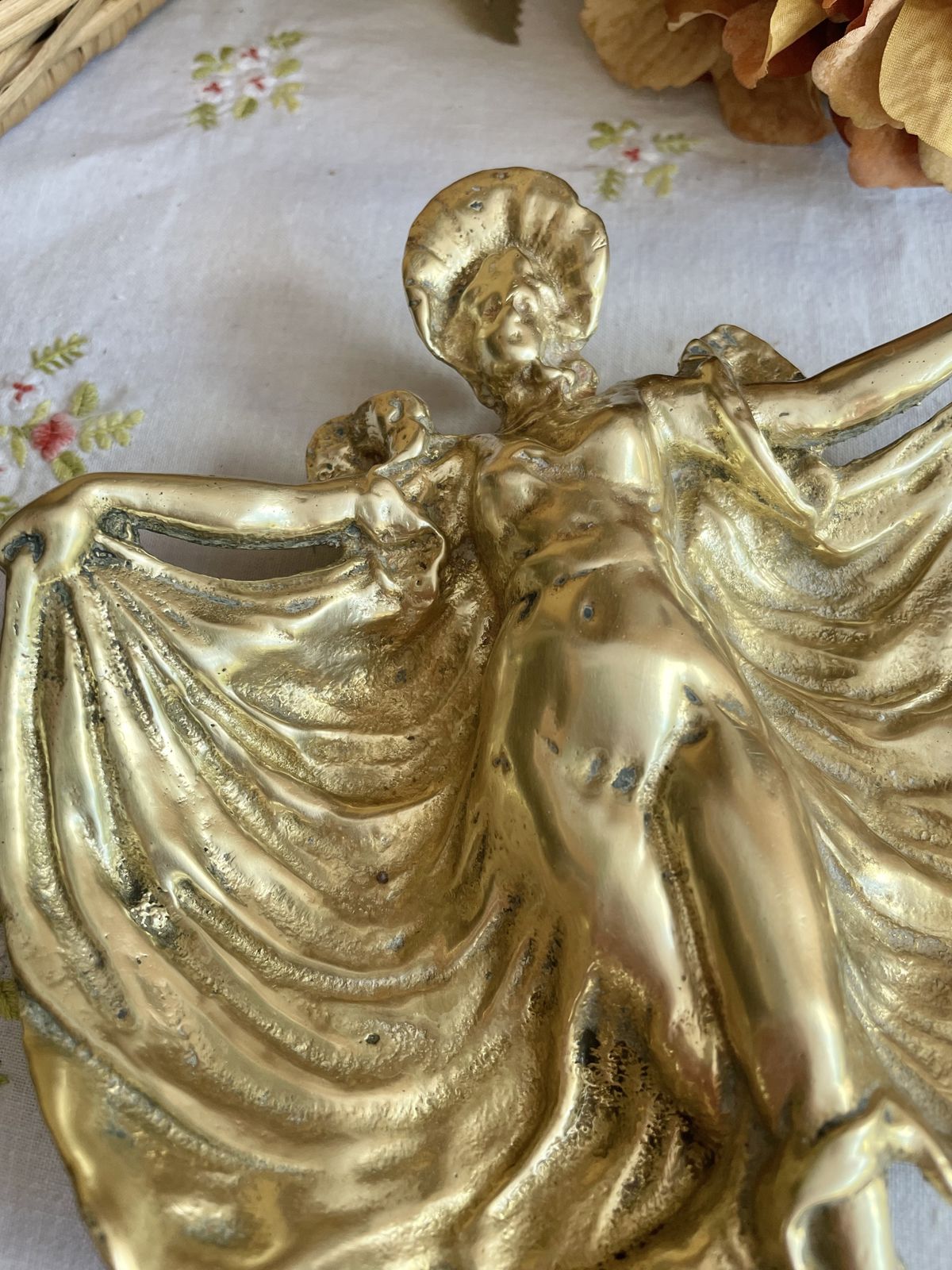 Antique Art Nouveau Brass Trinket Tray – Draped Lady Figure photo furniture