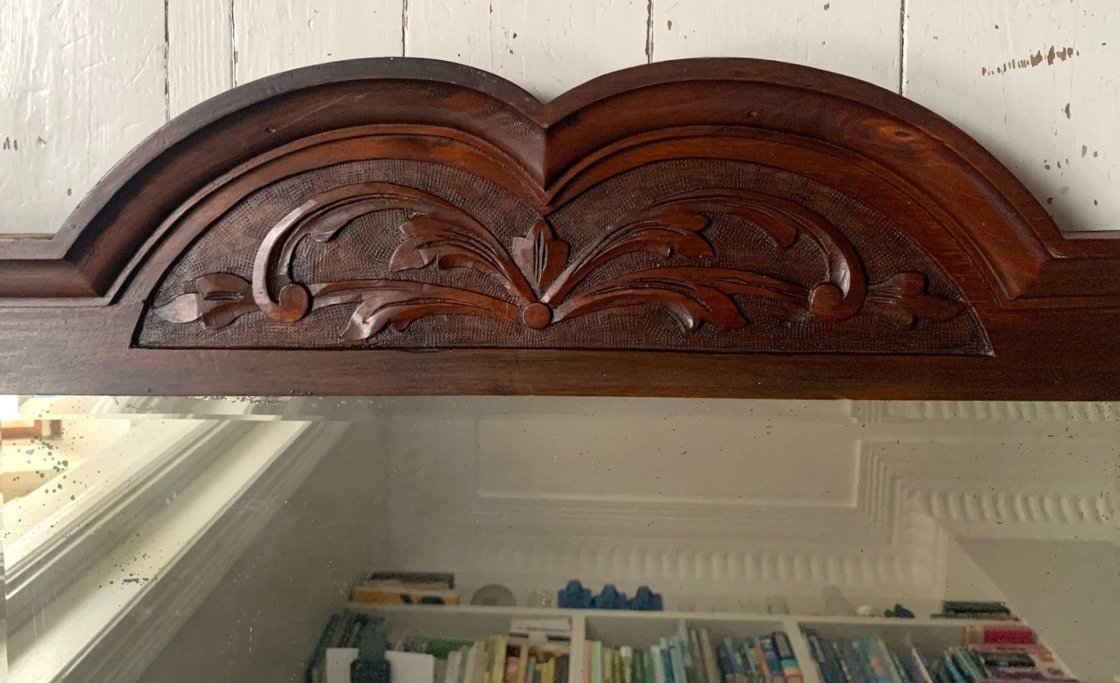 Antique Victorian Mirror W/ Bevelled Glass & Mahogany Frame, Carved Pediment photo vinterior