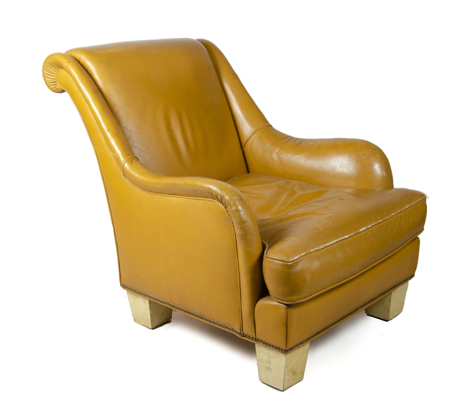 Pair Of 1940s Mid Century Modern Leather Club Chairs With Parchment Paper Covered Wood Legs, France photo Furniture